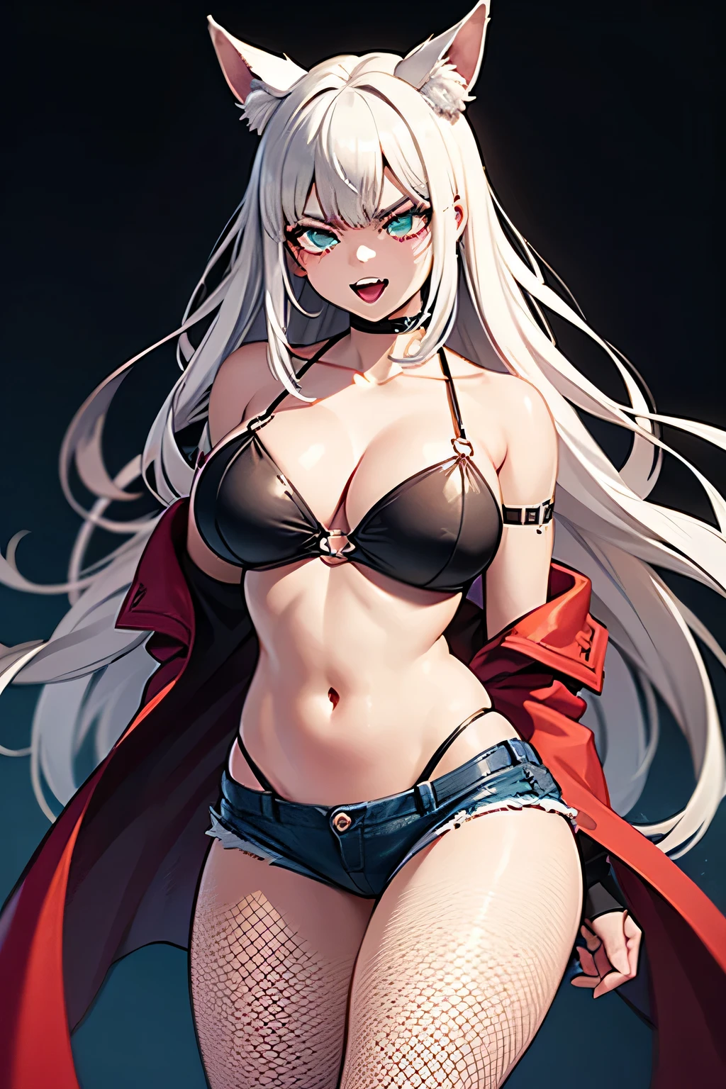 Amid the dark atmosphere of Castlevania, a young adult woman stands out with characteristic features, apresentando cabelos brancos, Longos e sedosos, que caem como uma cascata prateada. The mysterious touch is intensified by the white fox ears., que espreitam sutilmente entre os fios, adding a layer of otherworldly allure. A seductive smile adorns your lips, revealing sharp teeth that enhance its otherworldly nature. Seus olhos vermelhos, intensos e hipnotizantes, capture the essence of darkness, conveying a unique and engaging presence. The young woman wears a bikini top, destacando seus seios e combinando perfeitamente com a atmosfera sombria de Castlevania. Com um busto generoso e curvas acentuadas, ela personifica a beleza natural, adding a touch of sensuality to your undeniable strength. Wrapped in fishnets, the young woman displays a fusion of mystery and power that echoes the elements intrinsic to the Castlevania universe. Adicionando uma camada de ousadia, she is muscular and strong, emanating an imposing presence. Wear denim shorts that highlight your physical strength, the combination of dark elements and the dramatic palette of red, White and black in her clothing further emphasizes her unique nature inspired by the Castlevania aesthetic.. This young adult embodies the perfect synthesis of beauty, Strength and mystery, incorporating the distinctive elements of Castlevania with a unique boldness. ((Musculoso + FORTE + orelhas de raposa brancas))