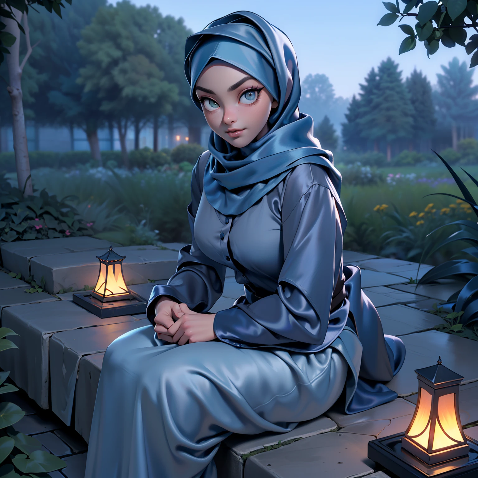 3dmm style, ((Masterpiece, best quality, photography, detailed skin, realistic, photo-realistic, 3D Character Design, pixar, real cartoon, High detail RAW colour art, diffused soft lighting, shallow depth of field, sharp focus, hyperrealism, cinematic lighting, ((close up)) hijab, a turkish lady, beautifully makeup, brown beautiful big eyes, long eye lashes, wearing ((Gray satin hijab)), loosely tide hijab style, ((Dark blue satin shirt)), satin long skirt, medium breast, wide hips, curves, sitting, garden, outdoors