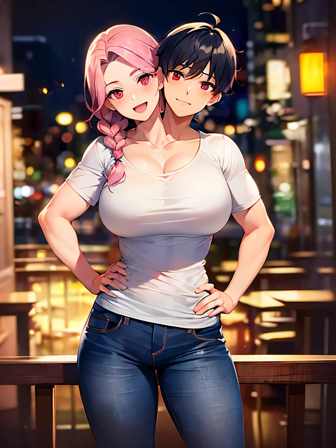 (2heads:1.3), (1boy:1.2), male female couple, red eyes, black hair, pink hair, braid, long hair, (handsome:1.5), (masculine:1.5), (masterpiece), (high quality), (best resolution), :D, looking at viewer, night, city, beautiful background, hand on hip, graphic t-shirt, jeans, wide hips, thick thighs, (masculine chest)