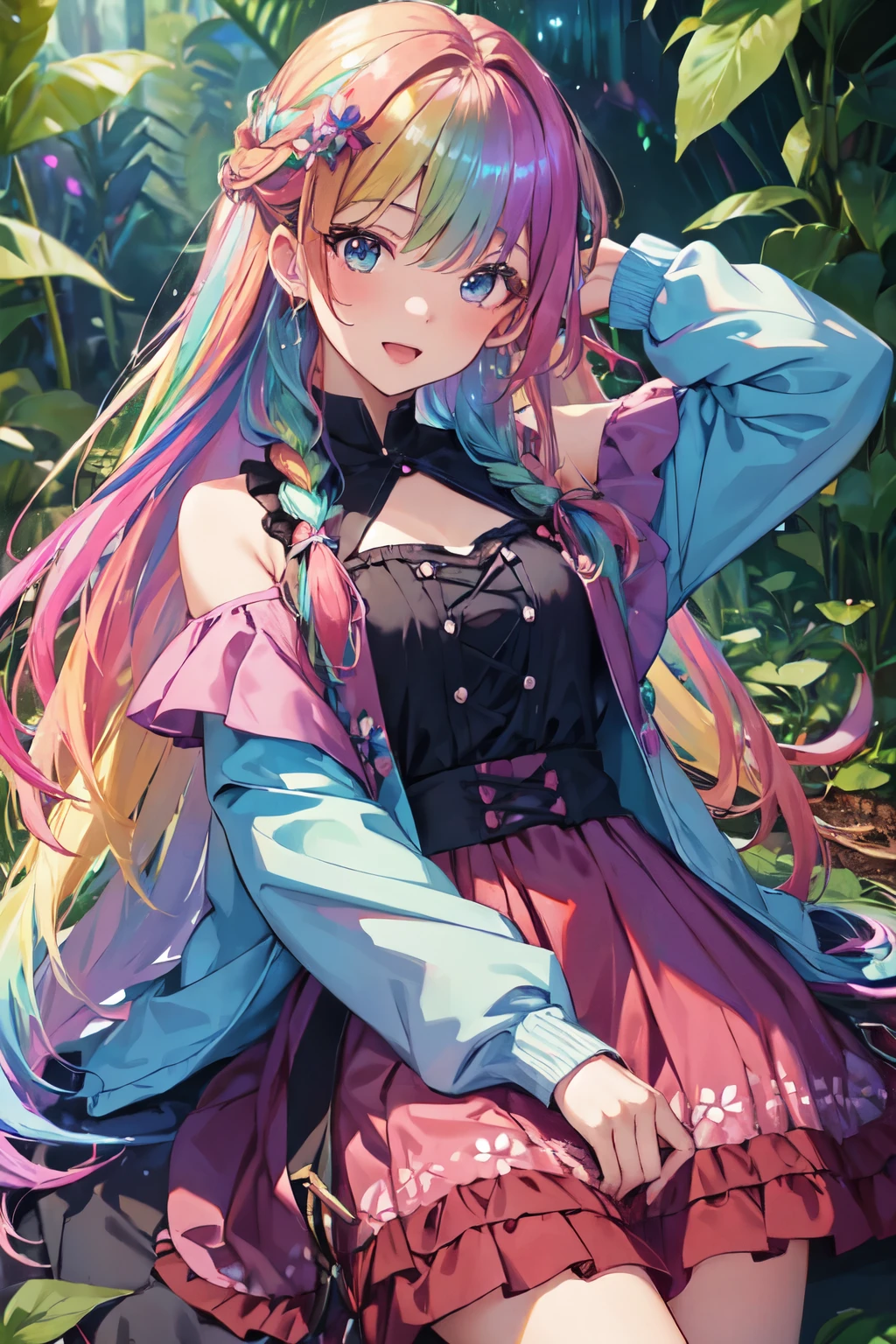 （In 8K, best quality, muste piece:1.2)、ultra high resolution,1 female 、ultra-detailed face,detailed eyes,open mouth,laughing,((Rainbow Hair)),asymmetrical bangs,twin braids,BREAK,((flower dress)),ruffle skirt,BREAK,(iridescent light:1.4),botanical garden