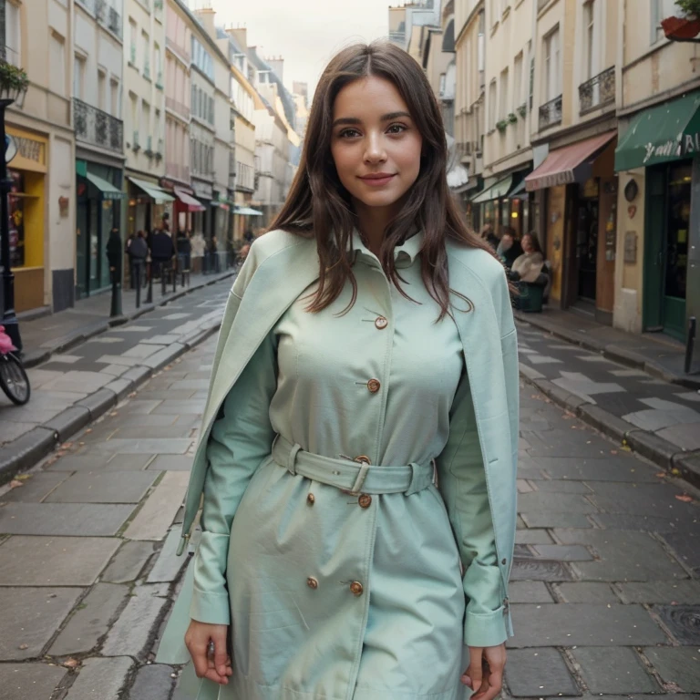 Une femme chatain elegante mais au naturel, habille vêtu en hiver manteau vert pastel, avec des coulers pastel, un vert pastel et rose,sur les rue de montmartre a Paris, super realiste, souriante ar portrait instagram format.