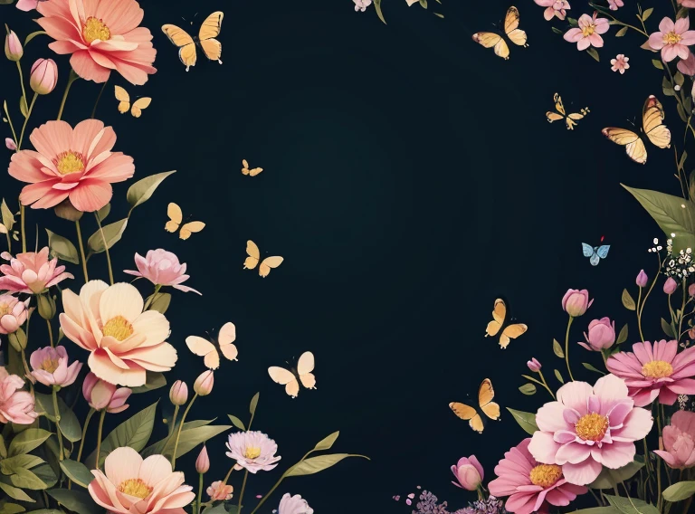 Flower foreground，Butterflies surround，Illustration style，China-style ，transparent background