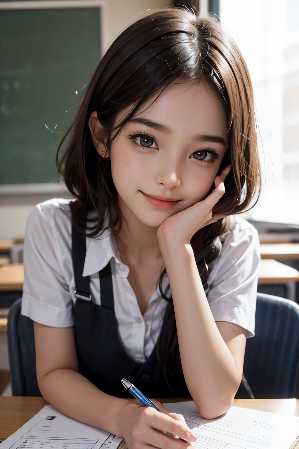 two , During class, school, one boy one girl, Desk, note, writing, sitting, high detailed real face, smile, beautiful skin, high detailed skin, beautiful eyes, high detailed finger, high detailed hand, masterpiece,