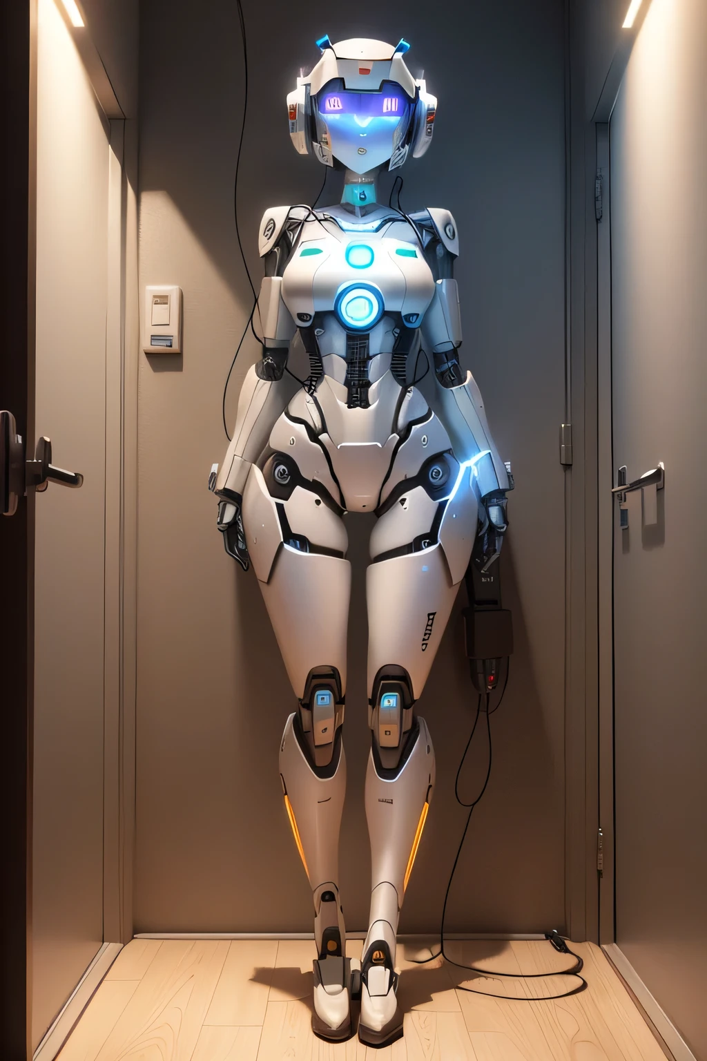 Female robot charging Main body with exposed machine Upright state A cable extends from the wall and connects to your butt..