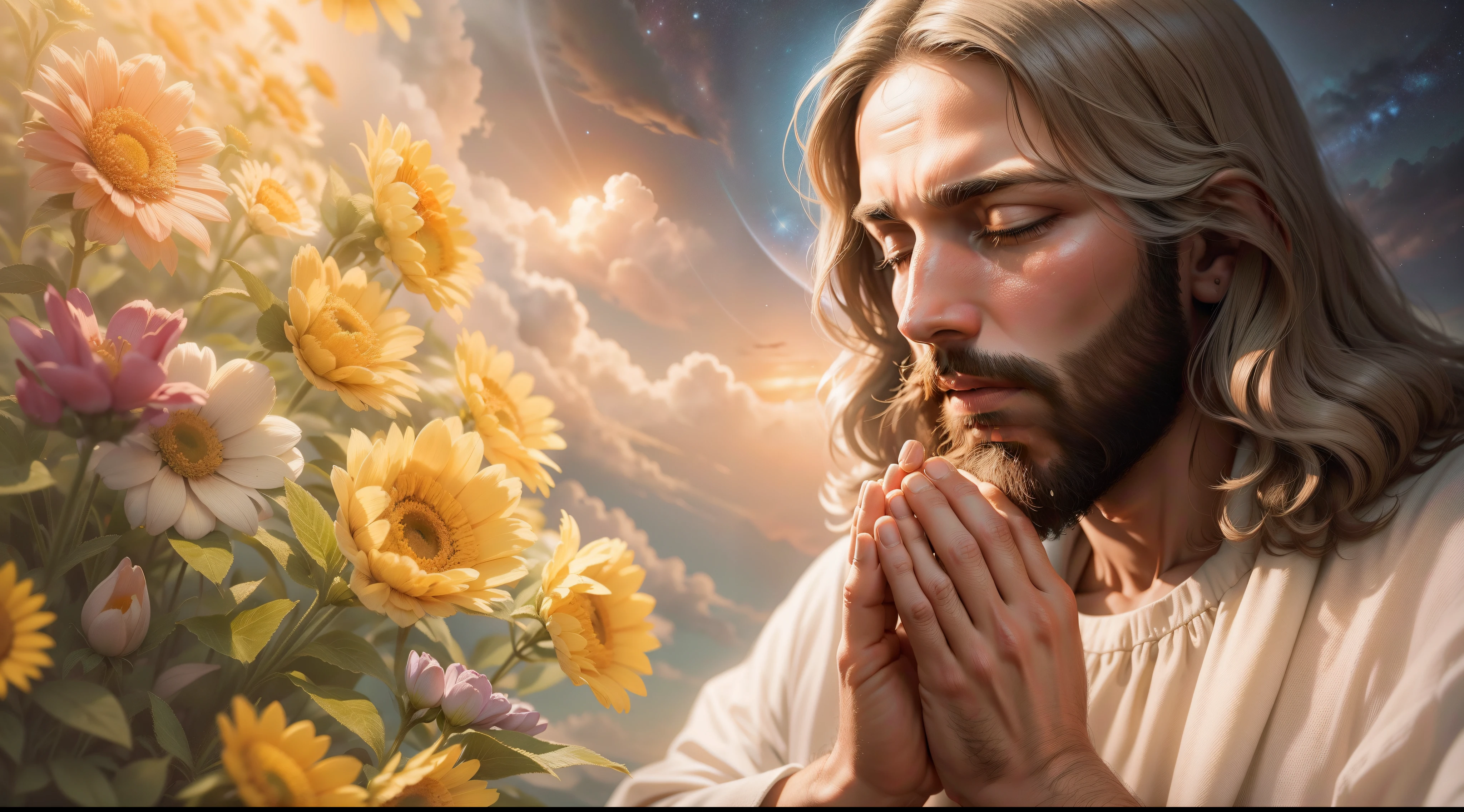 Closeup of an image of Jesus Christ praying and blessing, perfeito, Reslistic, biblical setting, celestial scenery, sol e nuvens ultras realistas, flores e velas, Jesus illuminated from heaven, Passes em segundo plano, flores coloridas, velas acesas