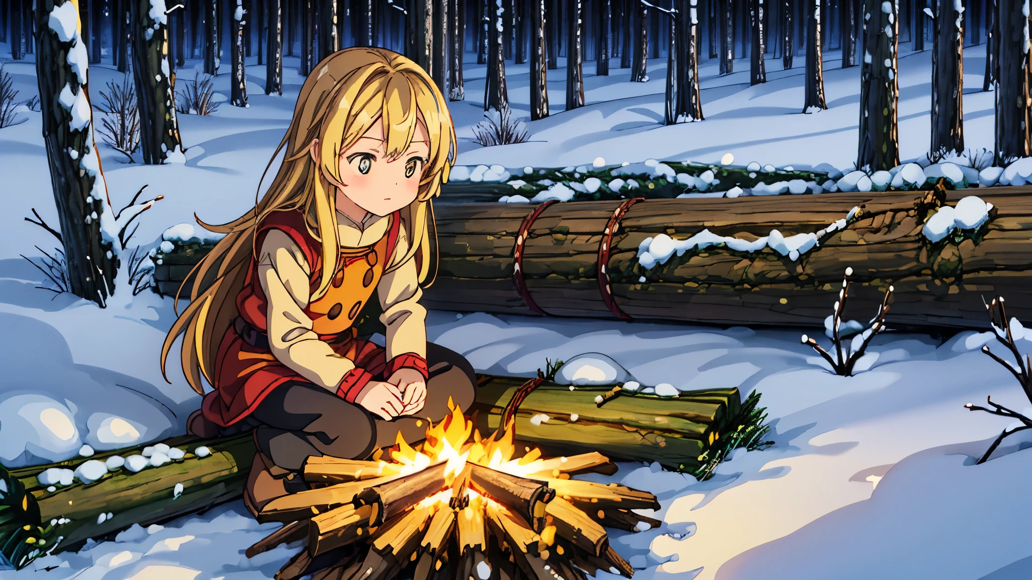 Dark snowy forest, bright wooden fire, cute anime girl ************, Yellow long hair,  girl sitting on a log warming herself by the fire, looks at the fire, hugs himself with his arms to keep warm.