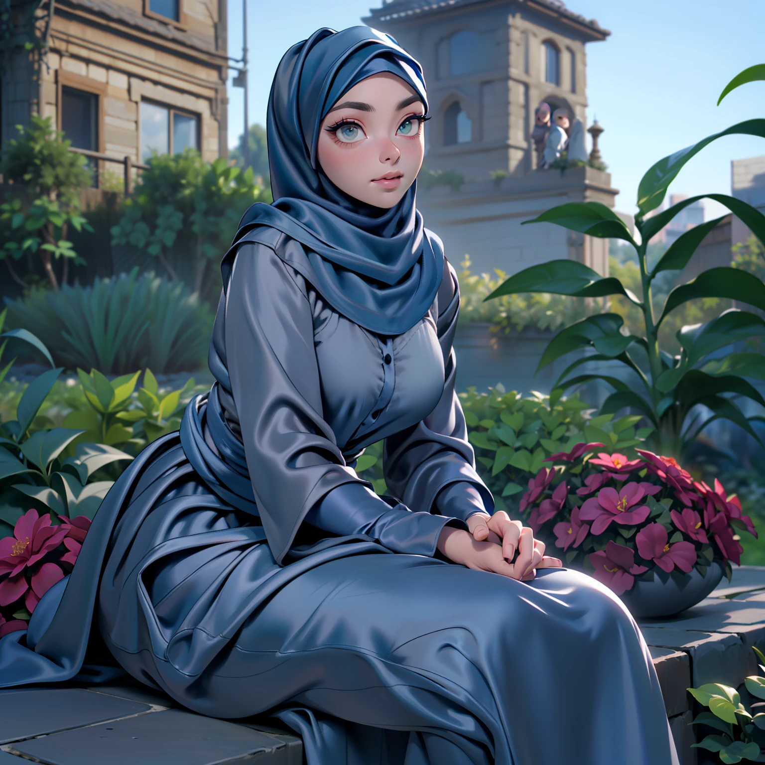3dmm style, ((Masterpiece, best quality, photography, detailed skin, realistic, photo-realistic, 3D Character Design, pixar, real cartoon, High detail RAW colour art, diffused soft lighting, shallow depth of field, sharp focus, hyperrealism, cinematic lighting, ((close up)) hijab, a turkish lady, beautifully makeup, brown beautiful big eyes, long eye lashes, wearing ((Gray satin hijab)), loosely tide hijab style, ((Dark blue satin shirt)), satin long skirt, medium breast, wide hips, curves, sitting, garden, outdoors