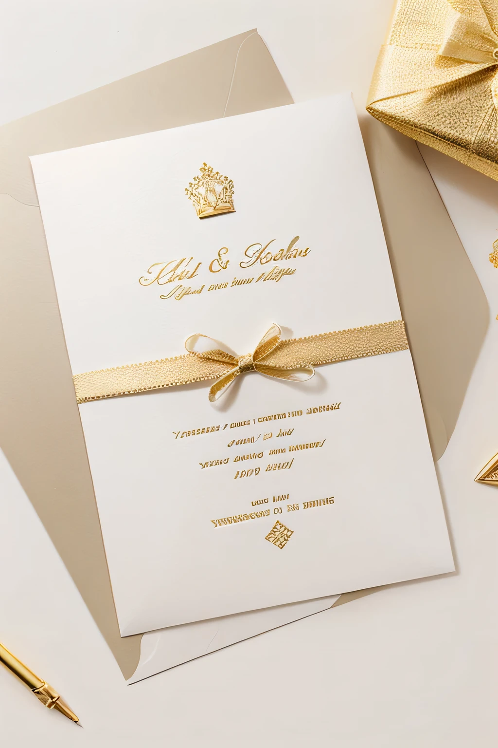Wedding invitation on textured white paper with gold letters in minimalist style.
lettering: "Wedding of Rostislav and Rita"