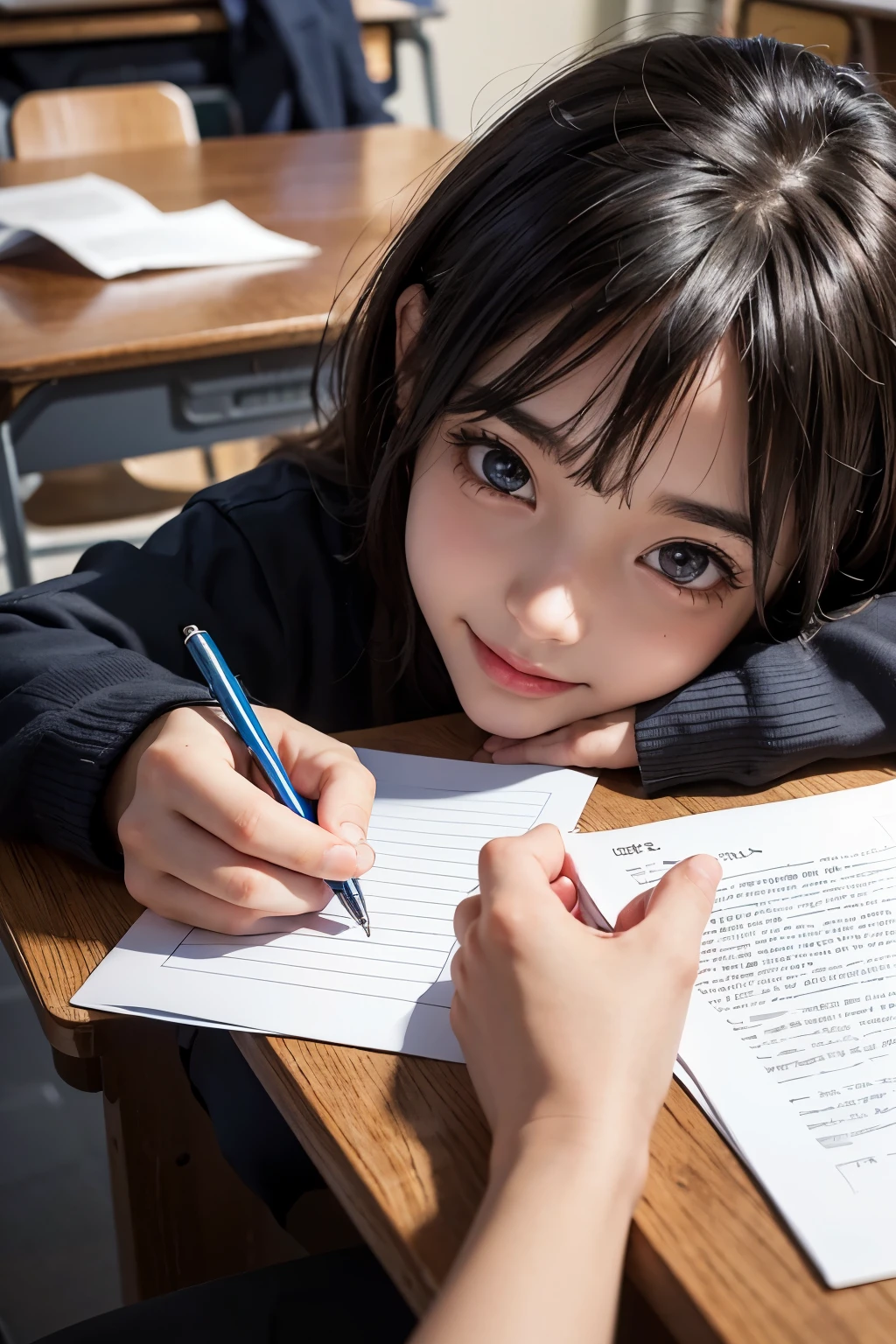 two , During class, school, one boy one girl, Desk, note, writing, sitting, high detailed real face, smile, beautiful skin, high detailed skin, beautiful eyes, high detailed finger, high detailed hand, masterpiece,
