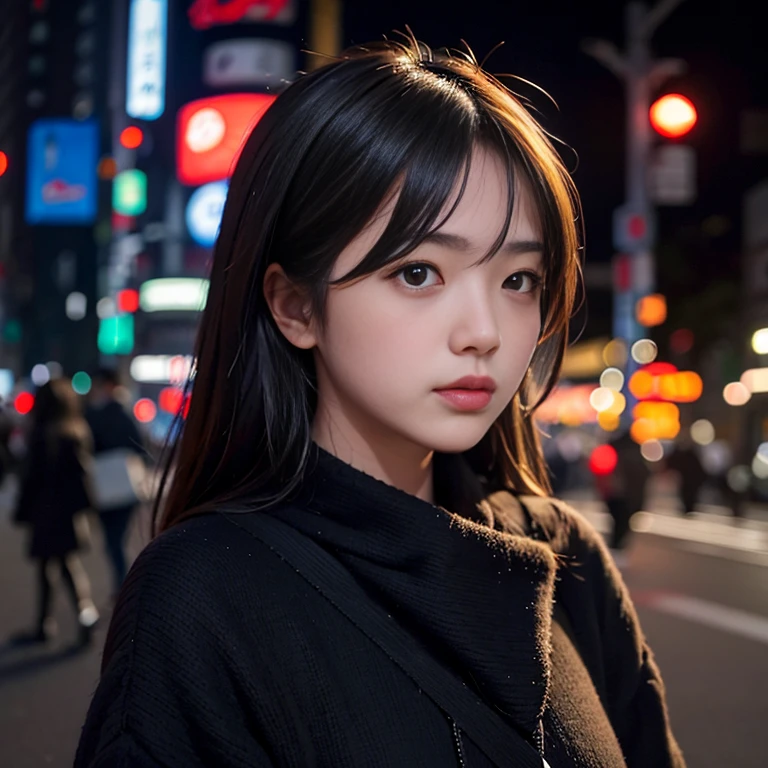 1 girl, tokyo street,night, cityscape,city lights, Upper body,close, 8K, RAW photo, highest quality, masterpiece,realistic, photo-realistic,