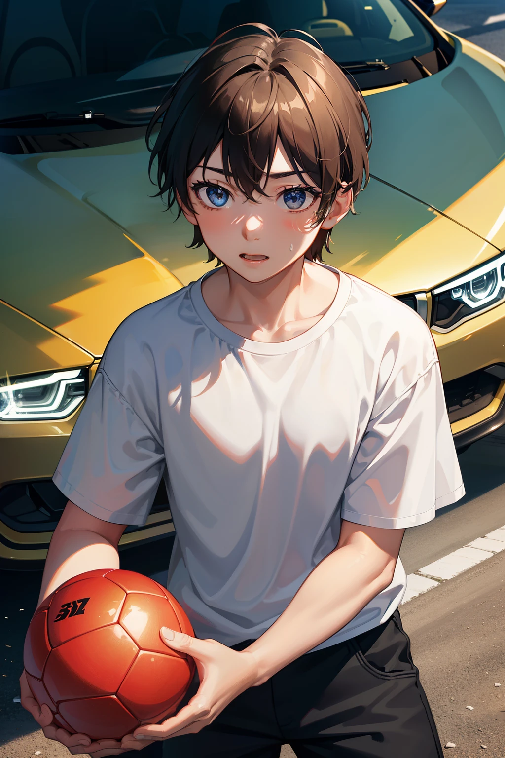 Masterpiece, a 10-year-old boy, solo, wearing a t-shirt and shorts, holding a red soccer ball, expression full of excitement and focus, shiny sweat on his forehead, messy brown hair, bright eyes reflecting the joy of play, dynamic light and shadow, high resolution, sharp focus, depth of field, facial features finely detailed.
Behind the boy, a BMW X1, moving slowly with great care, its metallic blue body gleaming under the sun, tinted windows giving off a mysterious aura, white logo prominent on the grille, tires leaving a soft crunch on the asphalt, ultra-detailed, realistic, shiny surface, reflecting the