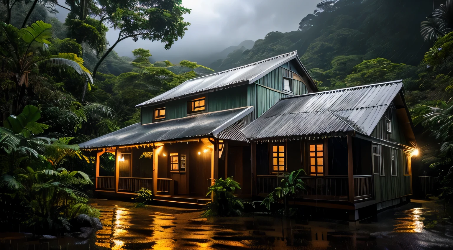 vintage wooden house, lush little house, Beautiful house, night, lights on, costa rica green rainforest, heavy rain falls on the roof, Emphasizes the contrast between the natural environment and rainwater flowing from the roof., dark scene after the rain, wet landscape, dark clouds, Nature Photography, Portraits using a macro lens (Nikon AF -S VR Mini Nikkor 105mm f/ 2.8G IF) When the aperture is f/5.6