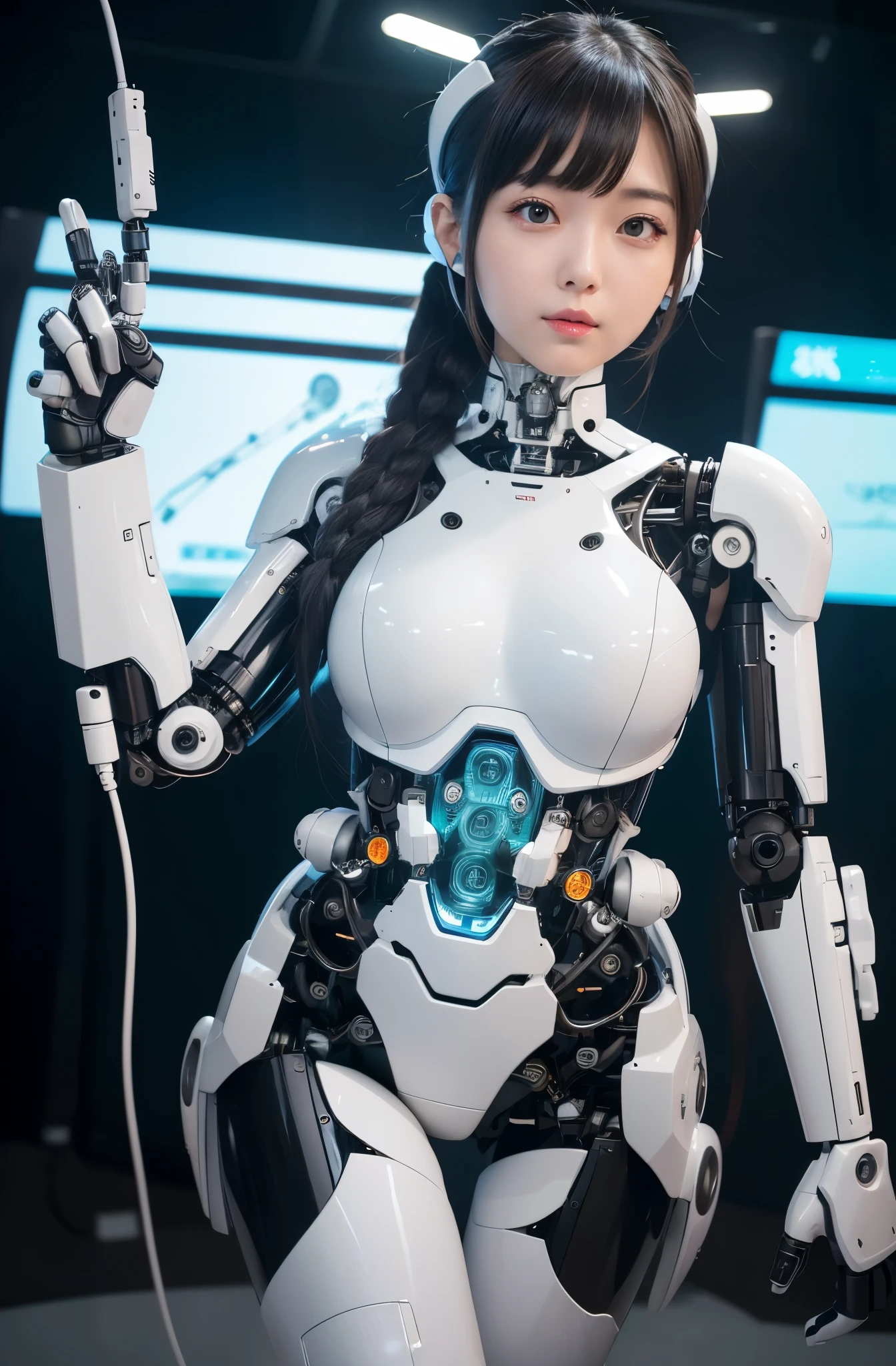 masutepiece, Best Quality, Extremely detailed,   8K portrait,1girl in, Japaese android girl,Plump , announcer,control panels,android,Droid,Mechanical Hand, ,Robot arms and legs, Black hair,Mechanical body,Blunt bangs,White Robotics Parts,perfect robot woman,Charging spot,Long Tube,A thick cable was connected to her neck,ceramic body ,Mechanical body, mechanical ear covers,android,robot humanoid,a bit chubby,panty,full eyes,perfect mechanical body,white robotics body,future laboratory,android factory,mechanical ear cover,white and aqua uniform,costume with aqua accents,