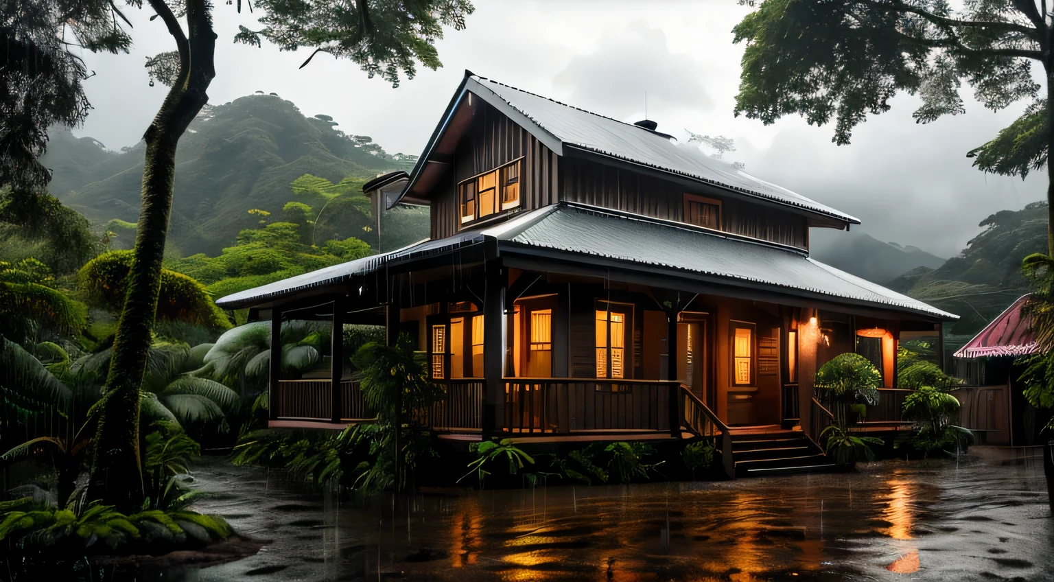 vintage wooden house, lush little house, Beautiful house, night, lights on, costa rica green rainforest, heavy rain falls on the roof, Emphasizes the contrast between the natural environment and rainwater flowing from the roof., dark scene after the rain, wet landscape, dark clouds, Nature Photography, Portraits using a macro lens (Nikon AF -S VR Mini Nikkor 105mm f/ 2.8G IF) When the aperture is f/5.6