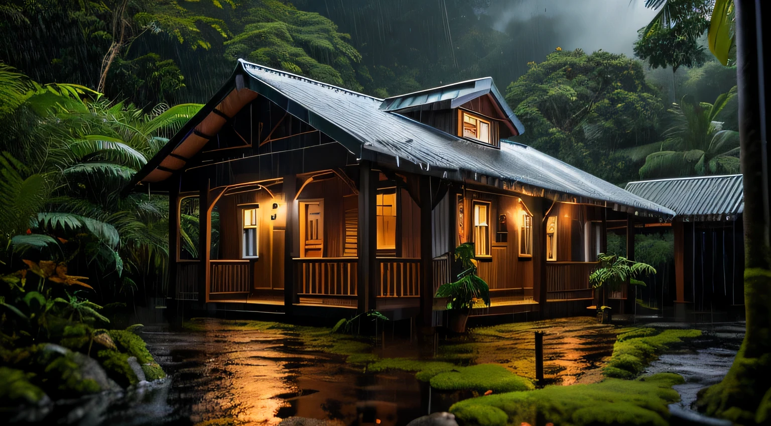 vintage wooden house, lush little house, Beautiful house, night, lights on, costa rica green rainforest, heavy rain falls on the roof, Emphasizes the contrast between the natural environment and rainwater flowing from the roof., dark scene after the rain, wet landscape, dark clouds, Nature Photography, Portraits using a macro lens (Nikon AF -S VR Mini Nikkor 105mm f/ 2.8G IF) When the aperture is f/5.6