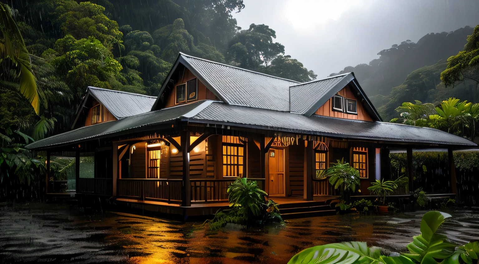 vintage wooden house, lush little house, Beautiful house, night, lights on, costa rica green rainforest, heavy rain falls on the roof, Emphasizes the contrast between the natural environment and rainwater flowing from the roof., dark scene after the rain, wet landscape, dark clouds, Nature Photography, Portraits using a macro lens (Nikon AF -S VR Mini Nikkor 105mm f/ 2.8G IF) When the aperture is f/5.6