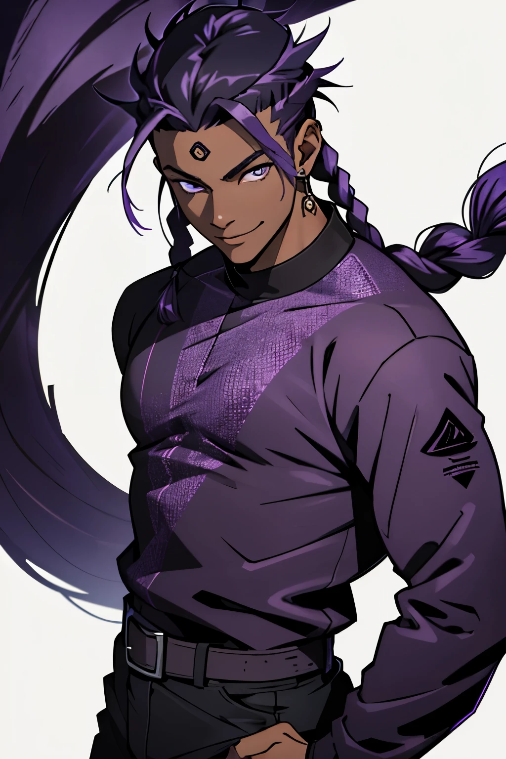 black young man, black and purple hair with two braids, olhos purpura, camiseta branca, black pants, sorriso arrogante, hunter's eyes, face calma, 