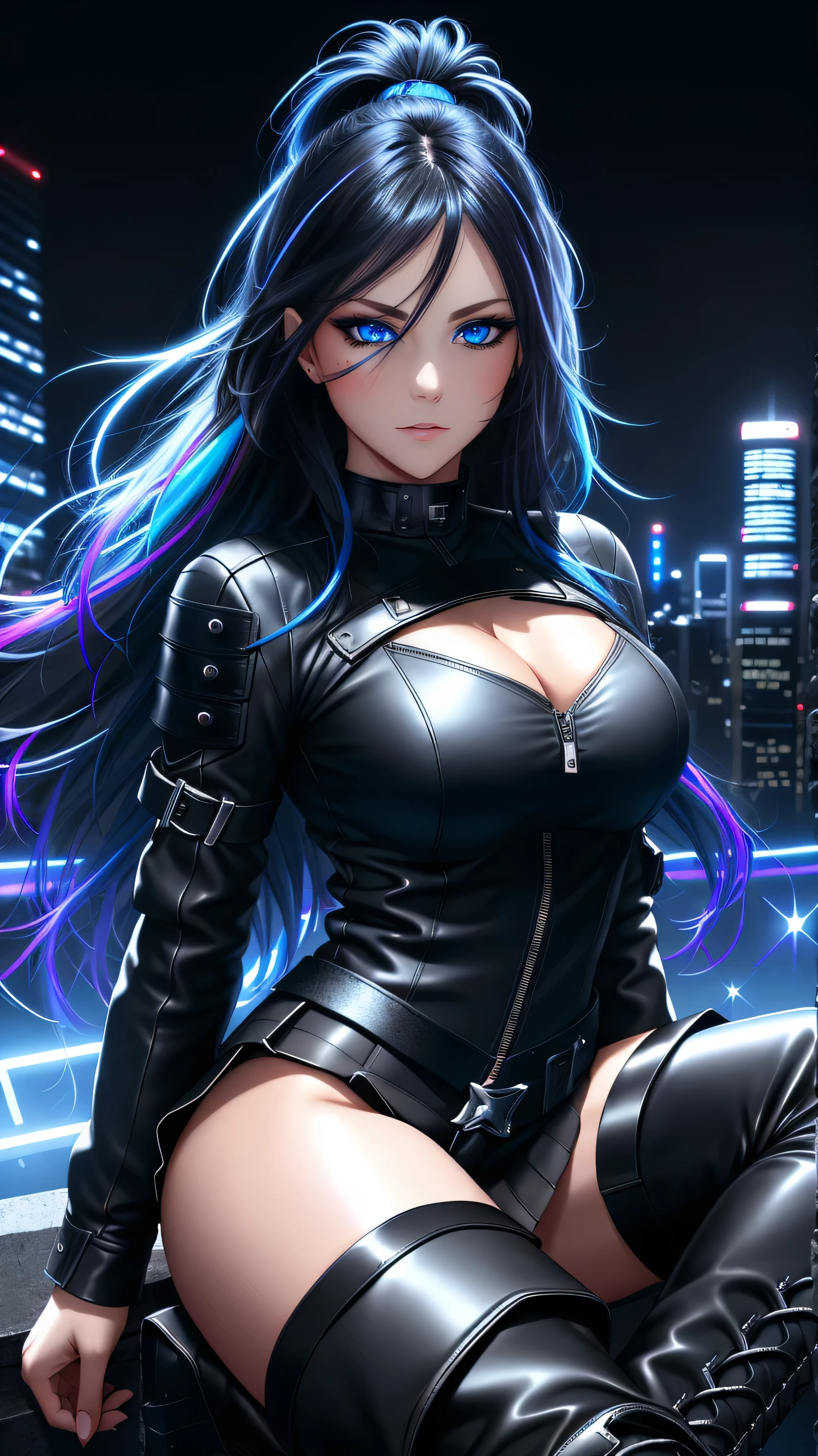beautiful girl, full body, bright blue neon streaked dishevelled hair, ((large light realistic detailed eyes:1.3)), ((seductive pose:1.5)), black eyeshadow, (street style wear:1.2), ((tight fitted short skirt)), ((thigh high leather boots:1.3)), ((dark city night black background:1.4)), dark makeup, digital art, trending on artstation, highly detailed, fine detail, intricate, beautiful detailed glow, detailed, Cinematic light, high-res, detailed facial features, sharp focus, smooth, aesthetic,