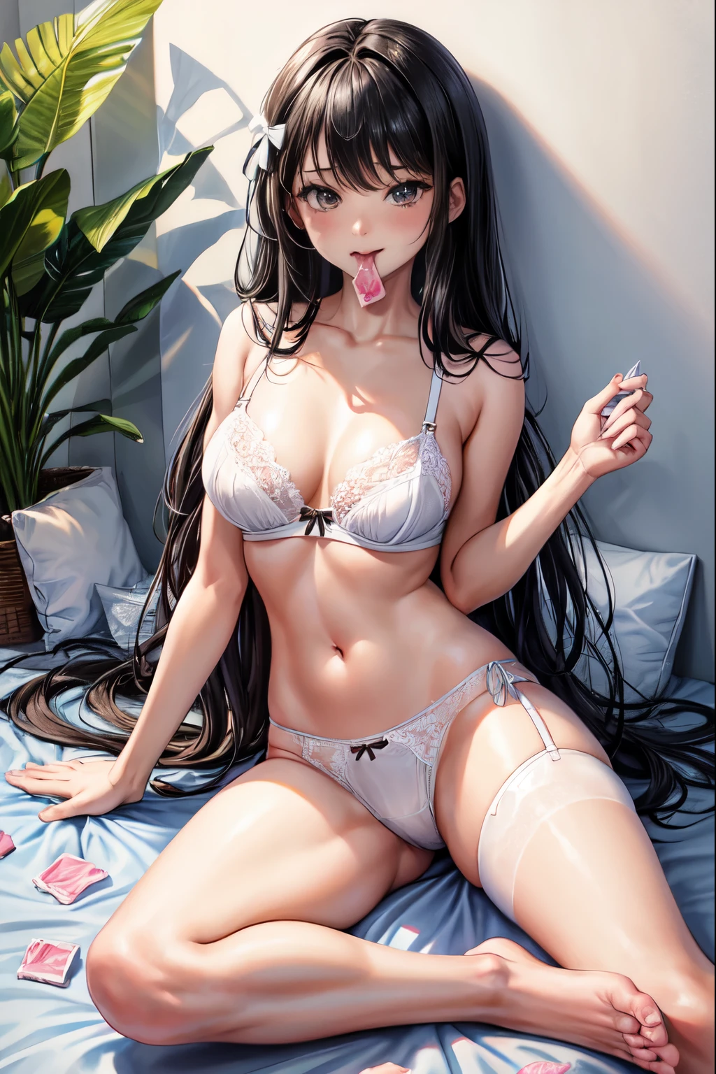 woman in lingerie showing off her long toes and tongue while leaning on man and being licked by other woman, underwear, 1girl, white panties, panties, bra, condom, white bra, navel, mouth hold, condom in mouth, looking at viewer, condom wrapper, black hair, bow, long hair, solo focus, black eyes, bangs