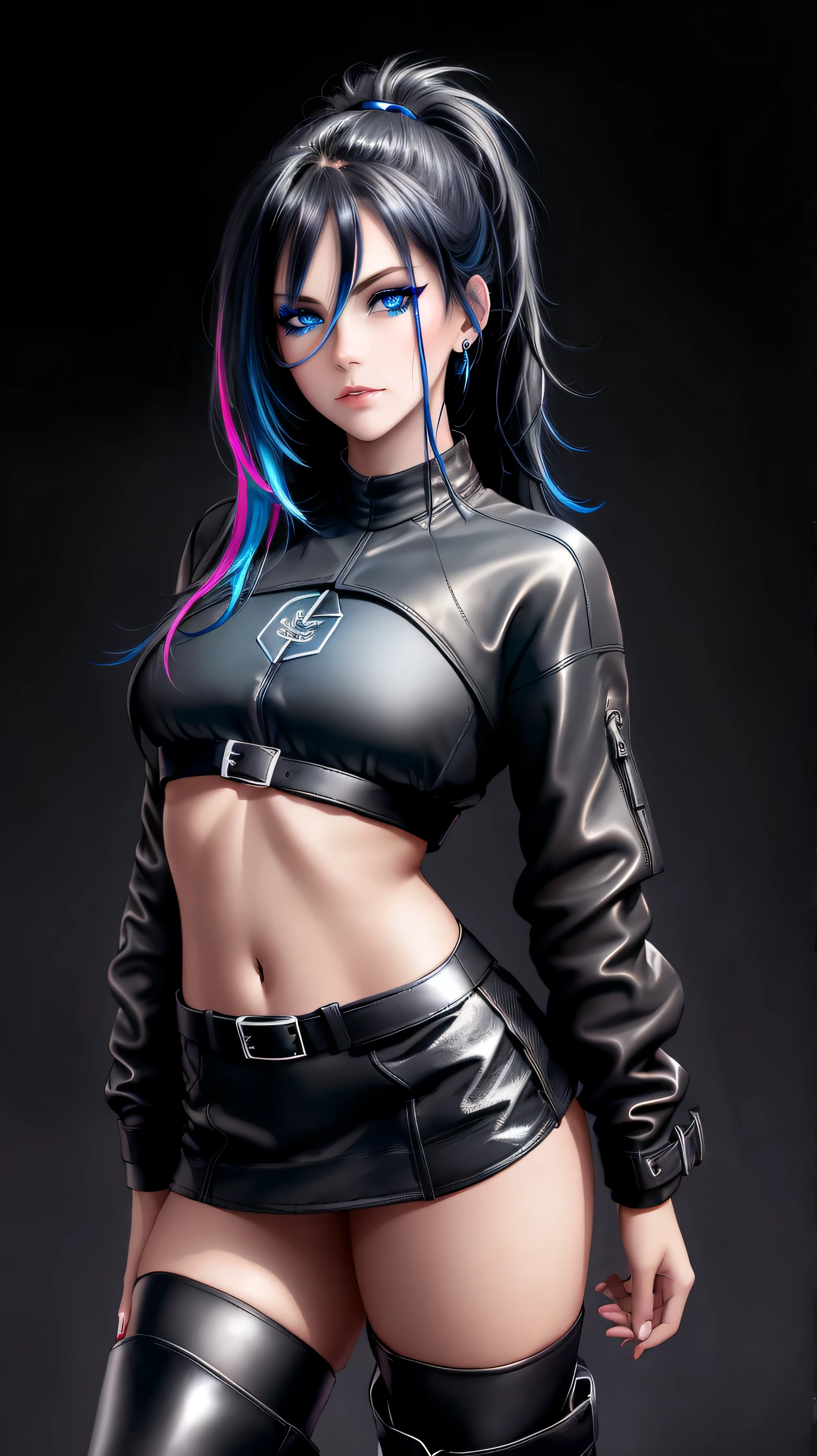 beautiful girl, full body, bright blue neon streaked dishevelled hair, ((large light realistic detailed eyes:1.3)), ((seductive pose:1.5)), black eyeshadow, (street style wear:1.2), ((tight fitted short skirt)), ((thigh high leather boots:1.3)), dark makeup, digital art, trending on artstation, highly detailed, fine detail, intricate, Cinematic light, high-res, detailed facial features, sharp focus, smooth, aesthetic, ((dark plain black background:1.4))