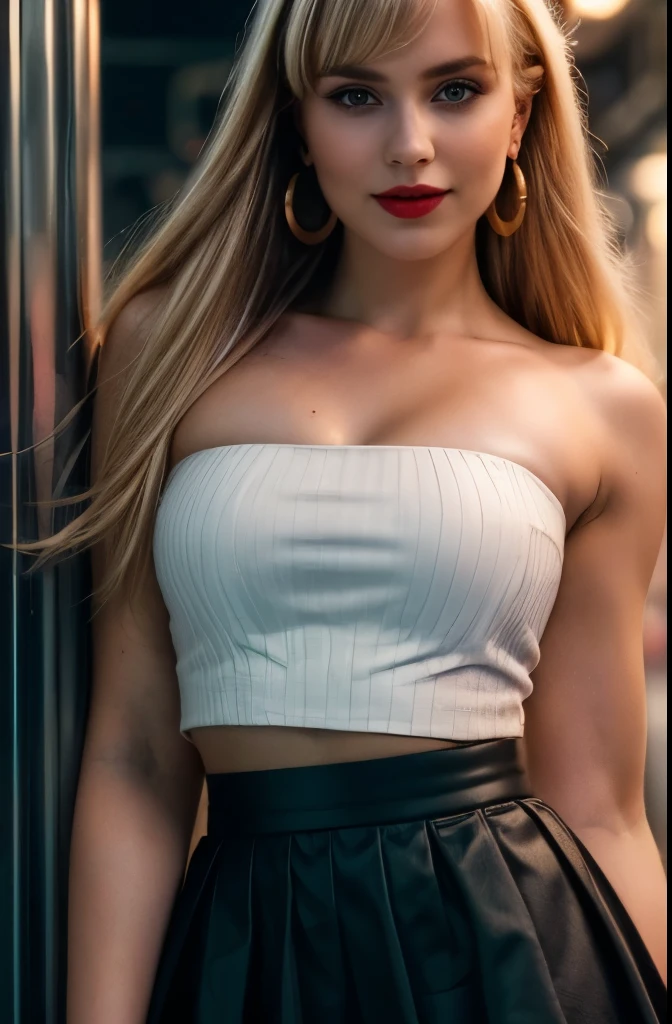 Realistic, (masterpiece:1.4, best quality), (intricate details), unity 8k wallpaper, ultra detailed, (pastel colors:1.3), beautiful and aesthetic, regional train, night, neon city, 1girl, tall, detailed, solo, , blonde long hair, fringe, bangs, staight hair on both shoulders, smoking cigarette, white smoke, hot, wearing (black skirt, 3 white stripes), strapless green crop top, big natural breasts, light red lips, beautiful, round face,  black eyes, black iris, golden round earrings, smiling, seductive,