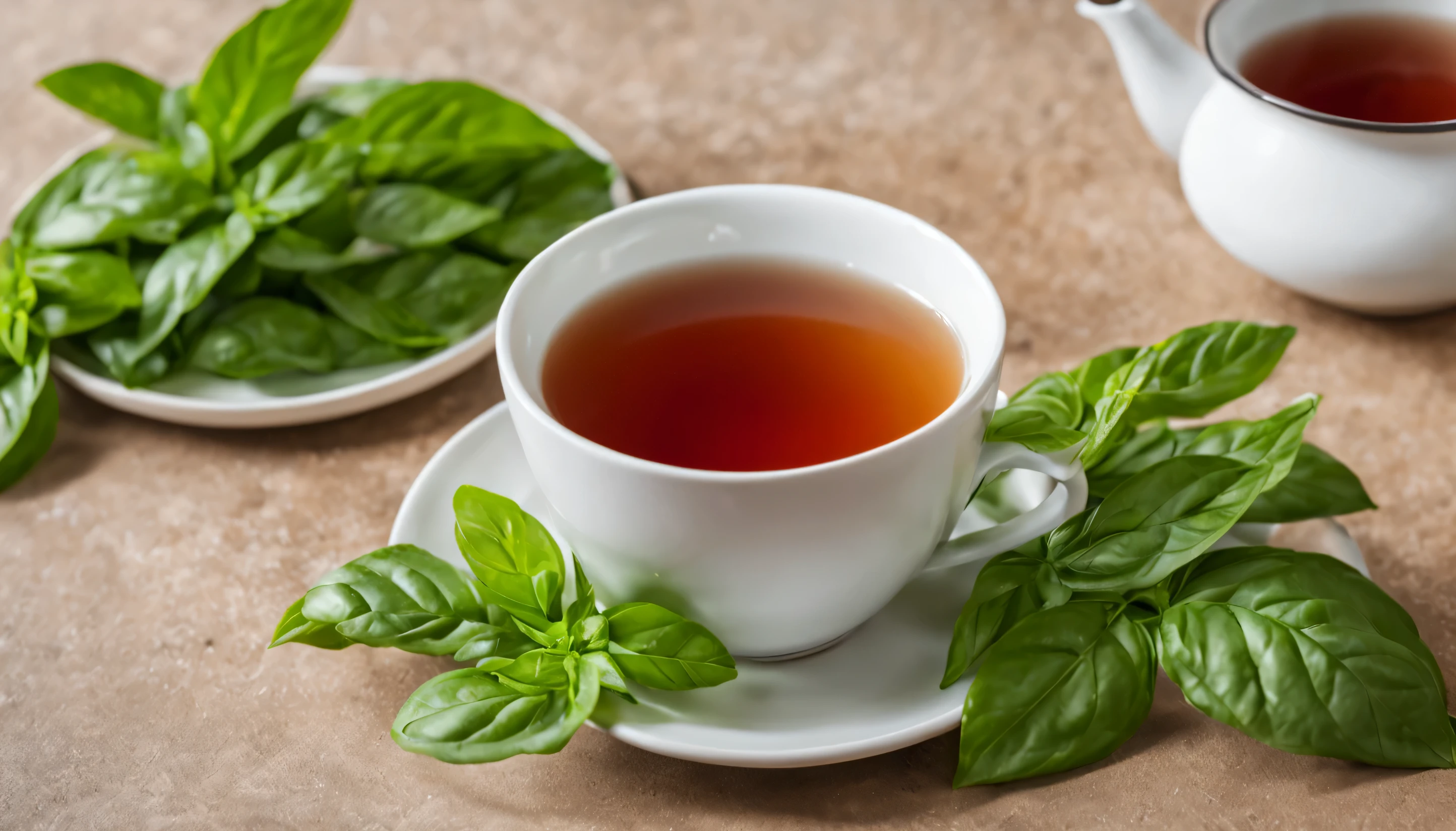 basil leaves with a cup of tea next to it
