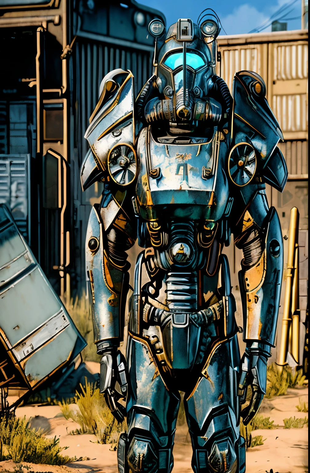 there is a robot standing on the ground near a building, fallout armadura de poder, armadura de poder, Fallout Liberty Prime, shining metal armadura de poder, wears a suit of armadura de poder, exoskeleton armadura de poder, Estilo Fallout, Styling for Fallout 4, Fallout 4 rendering, NPC de fallout detalhado! greatest angle, arte oficial de fallout 5, no deserto radioativo