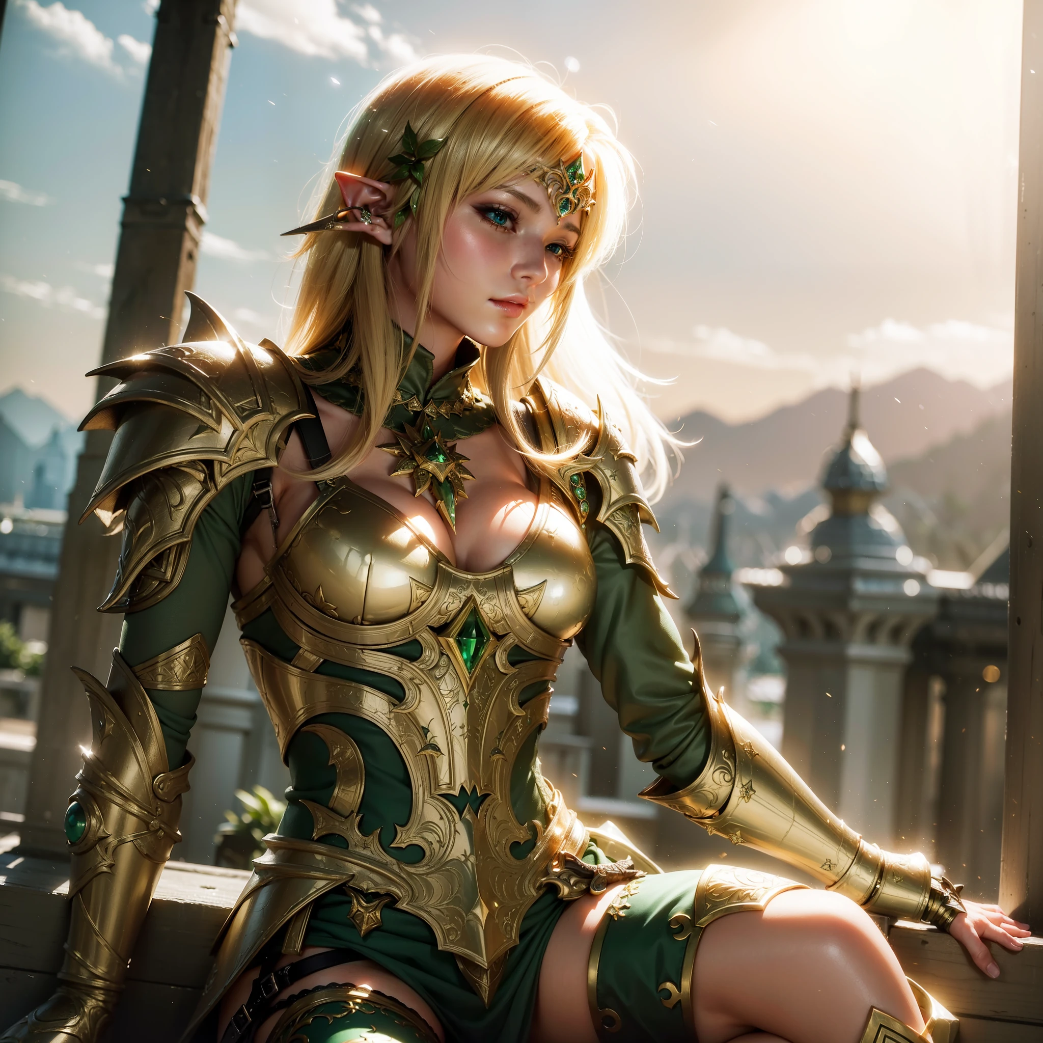(masterpiece), beautiful elf girl sitting looking at the viewer (((top view))) in shiny golden & green medieval highly detailed armor (((in Final Fantasy aesthetic style))), (body focus), standing, 4k, UHD, (best quality)