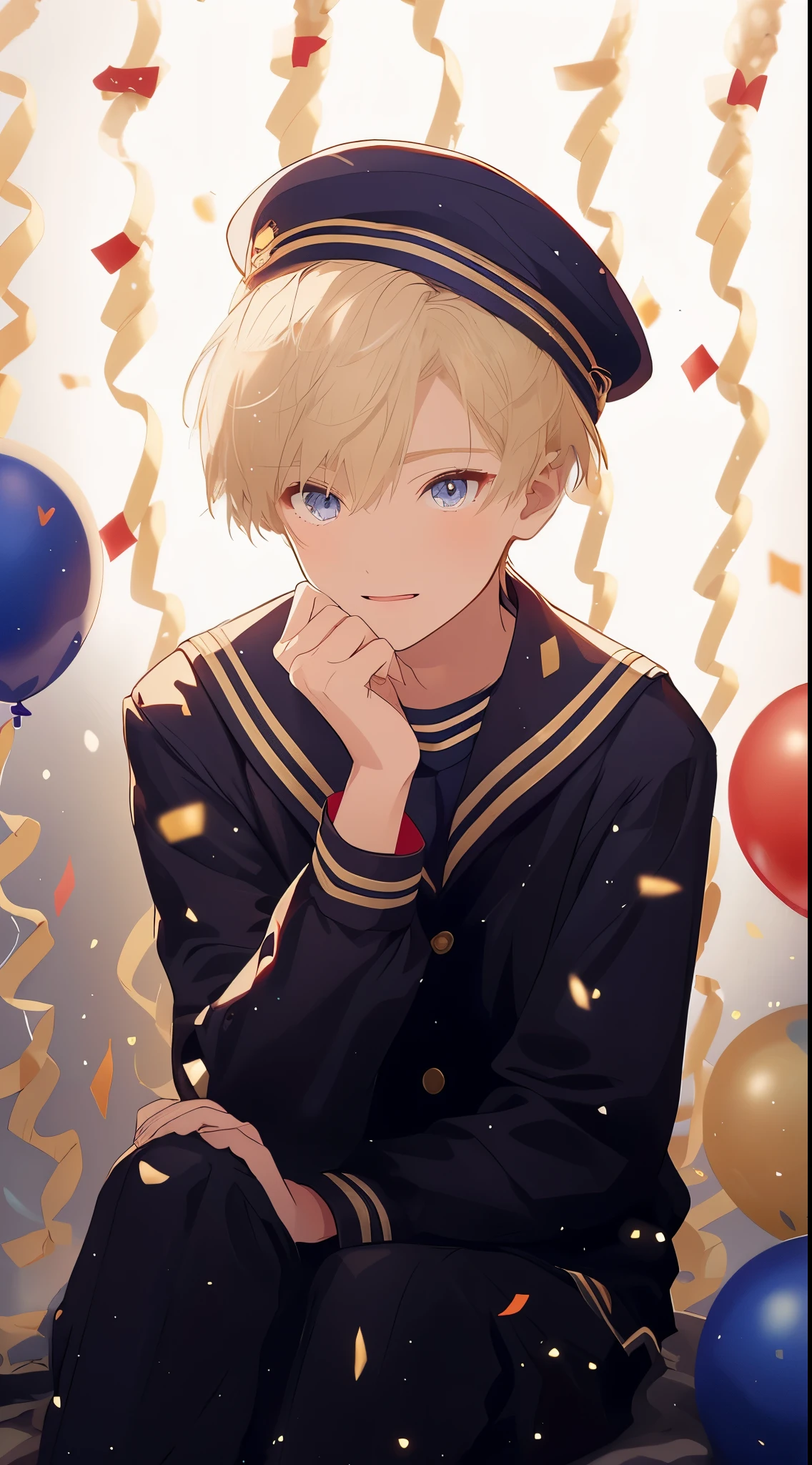 young male character inspired by a photo. The character has short blonde hair, fair skin, and is dressed in a navy blue sailor uniform with a beret, seated against a celebratory gold tinsel background,high quality, amount of drawing, pixiv illustration