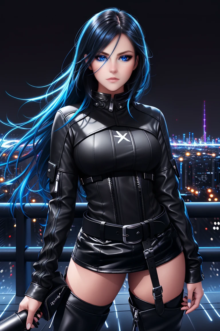 beautiful girl, full body, bright blue neon streaked dishevelled hair, ((large light realistic detailed eyes:1.3)), ((seductive pose:1.5)), black eyeshadow, (street style wear:1.2), ((tight fitted short skirt)), ((thigh high leather boots:1.3)), ((dark city night black background:1.4)), dark makeup, digital art, trending on artstation, highly detailed, fine detail, intricate, beautiful detailed glow, detailed, Cinematic light, high-res, detailed facial features, sharp focus, smooth, aesthetic,