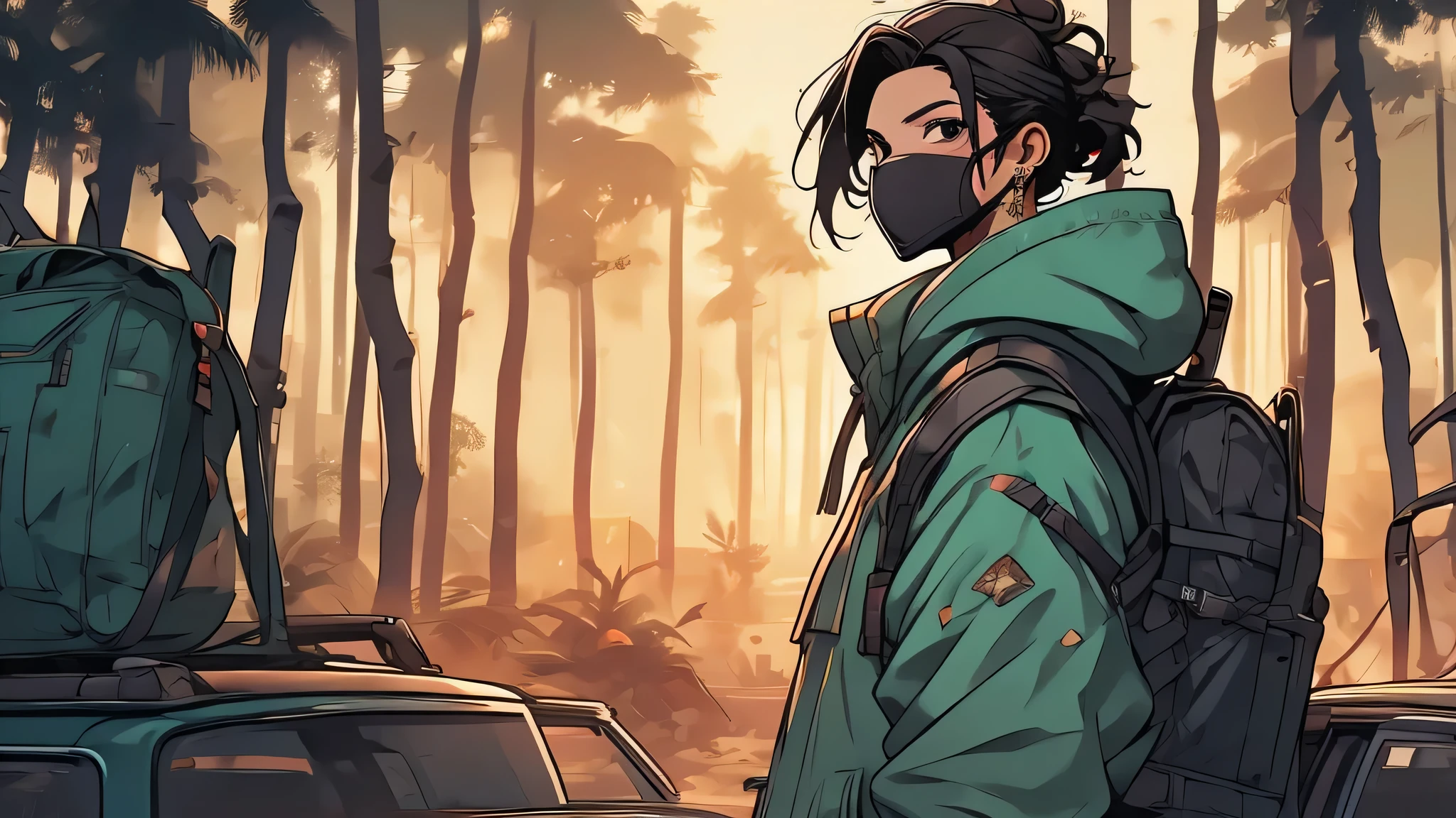 in a post-apocalyptic world, a housewife wearing a hooded coat and a mask stands in a dense forest. She carries a backpack full of supplies and is armed with several weapons.. The forest is full of abandoned cars, coberto de folhagem. A cena se passa durante o dia, with the sunlight breaking through the trees, casting beautiful rays of light. The image must be of the highest quality and resolution, with a realistic and detailed representation, capturando cada detalhe intrincado. Colors should be vivid and the overall image should have a feeling of sharp focus.