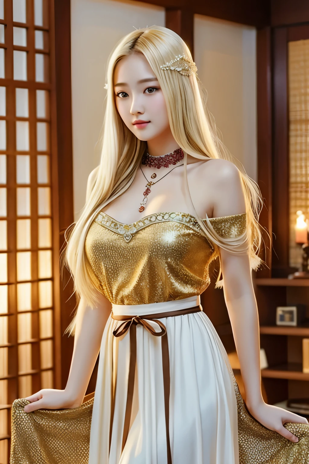 1 girl comes in, Age 19, alone, long hair, Huge tits, look at viewer, blonde hair, bare shoulders, brown eyes, decorations, full body, necklace, Wearing a hanyeo outfit, realistic, Sexy style