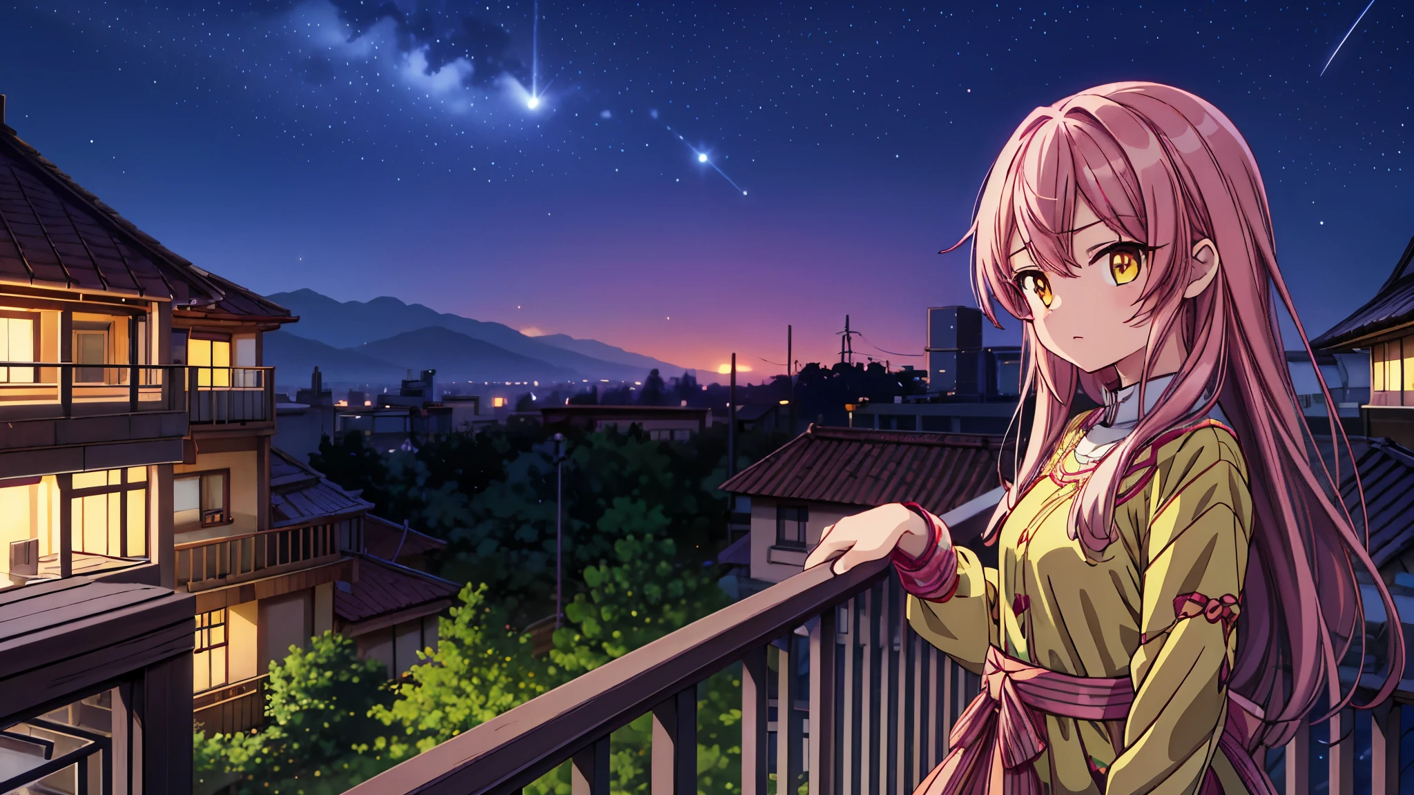 night, cute anime girl 16 years old, pink long hair, yellow eyes, stands on the balcony, rested on the balcony fence, girl looking at the night sky.