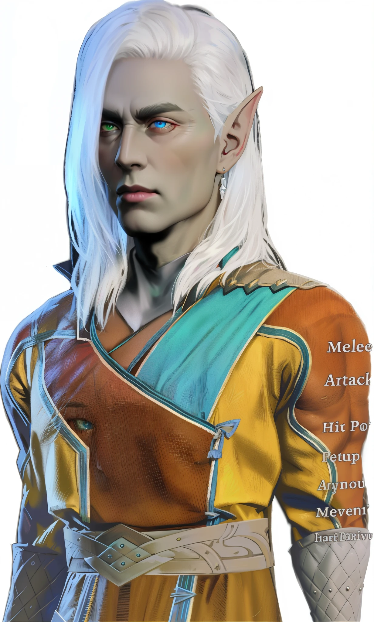 a drow elf dnd, male, standing, long white hair, heterochromia, left eye blue right eye green, cleft chin, masculine, age wrinkles, wearing multicolored robe, rear view