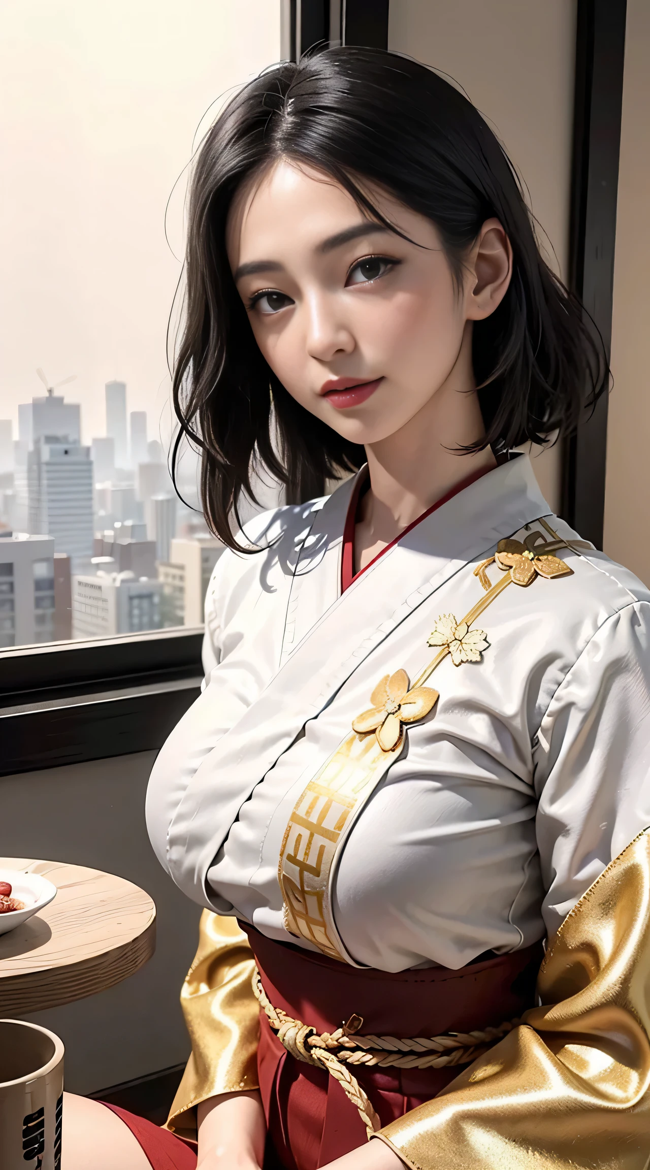 sfw, girl, black hair, wavy short hair, bright red lips, shiny lips, shiny skin, shiny eyes, closed mouth, (half closed eye), inviting smile, (stylish and captivating white kimono with gold embroidery:1.2), seiza, (traditional round table), place a tray on one's thighs, (traditional yunomi on table, green tea, steam from the traditional yunomi), hanging scroll, shoji, (traditional and formal Japanese house), (sophisticated city skyscrapers glittering outside the window:1.3), (close up face:1.2), dynamic angle, from side, depth of field, (monochrome:1.4), (flat color:1.3), (emphasize only red and gold:1.3), correct body structure, 8k, RAW photo, (high detailed skin:1.2), 8k UHD, DSLR, soft lighting, high quality, film grain, Fujifilm XT3, RAW candid cinema, 16mm, color graded portra 400 film, remarkable color, ultra realistic, textured skin, remarkable detailed pupils, realistic dull skin noise, visible skin detail, skin fuzz, dry skin, shot with cinematic camera, ((Full-Body Shot)), detailed skin texture, (blush:0.5), subsurface scattering, wearing bra,((skinny waist)), young asian girl, ((big )),