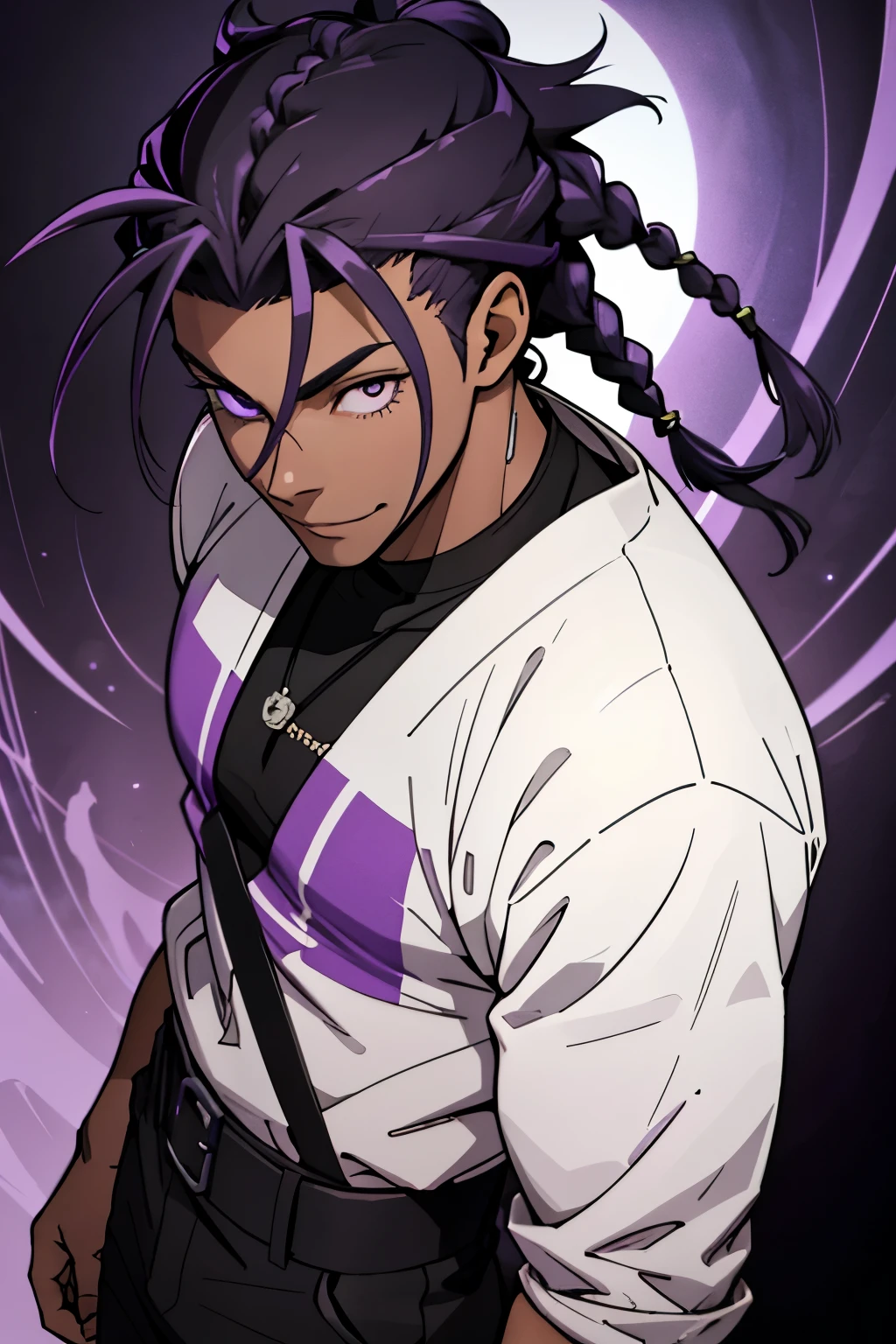 black young man, black and purple hair with two braids, olhos purpura, camiseta branca, black pants, sorriso arrogante, hunter's eyes, face calma, 