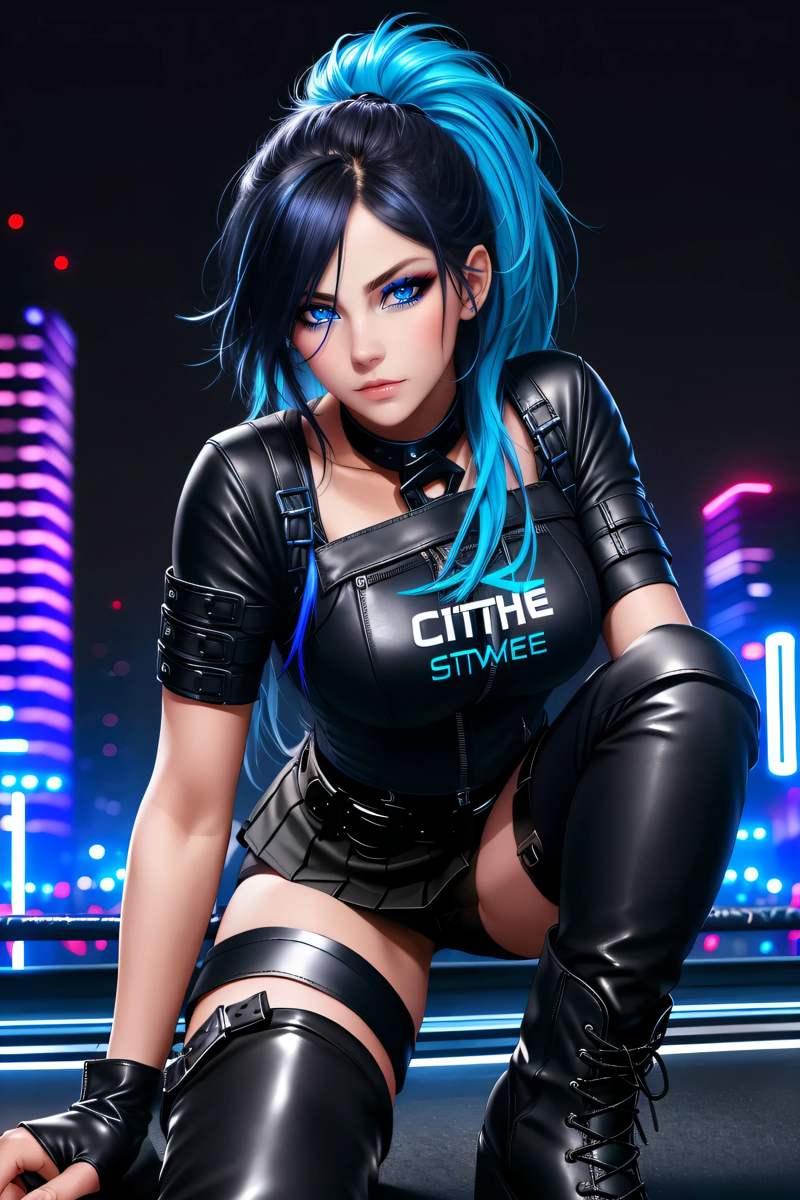 beautiful girl, full body, bright blue neon streaked dishevelled hair, ((large light realistic detailed eyes:1.3)), ((seductive pose:1.5)), black eyeshadow, (street style wear:1.2), ((tight fitted short skirt)), ((thigh high leather boots:1.3)), ((dark city night black background:1.4)), dark makeup, digital art, trending on artstation, highly detailed, fine detail, intricate, beautiful detailed glow, detailed, Cinematic light, high-res, detailed facial features, sharp focus, smooth, aesthetic,