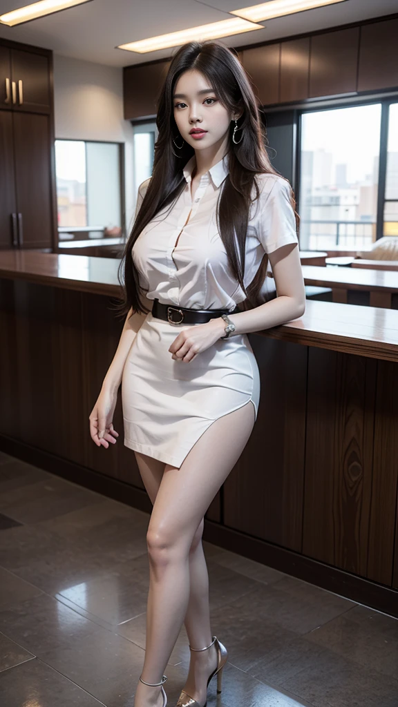 Young woman with extra long hair, Hair length 12 meters, Hair is floor-lengthened., Thai Students, highest resolution, 8K, stand, walk, red lips, White short-sleeved collared shirt, black short pencil skirt, พร้อมbeltผู้หญิง, tight, Huge breasts, Breast augmentation, big breast, Fluffy milk, Huge breasts, Symmetrical shape, sexy figure, Thin, slim, small waist, Long legs, Beautiful thighs, Pitch black high heels, earring, Put on a watch, belt