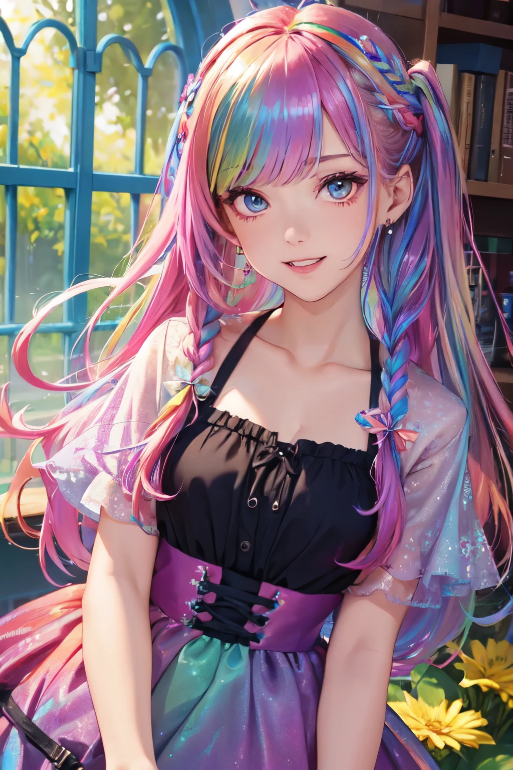 （In 8K, best quality, muste piece:1.3)、ultra high resolution,1 female 、ultra-detailed face,detailed eyes,open mouth,laughing,((Rainbow Hair)),asymmetrical bangs,twin braids,BREAK,((flower dress)),ruffle skirt,BREAK,(iridescent light:1.4),solo,botanical garden