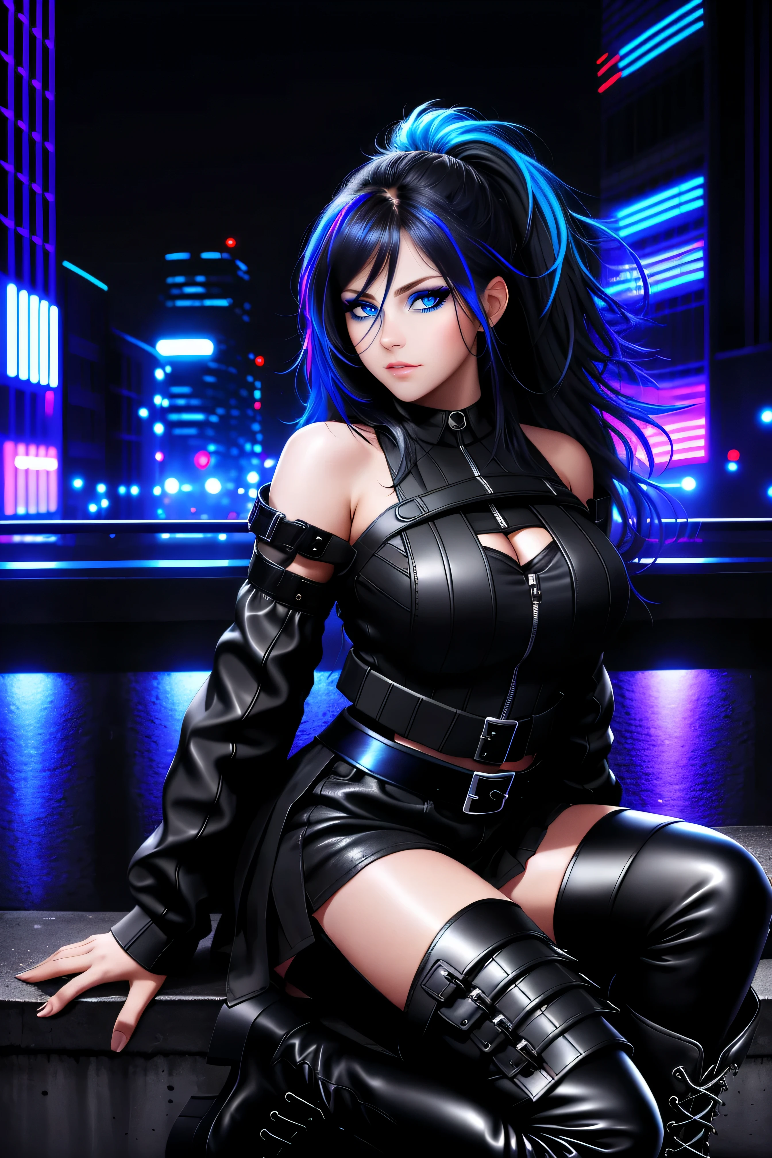 beautiful girl, full body, bright blue neon streaked dishevelled hair, ((large light realistic detailed eyes:1.3)), ((seductive pose:1.5)), black eyeshadow, (street style wear:1.2), ((tight fitted short skirt)), ((thigh high leather boots:1.3)), ((dark city night black background:1.4)), dark makeup, digital art, trending on artstation, highly detailed, fine detail, intricate, beautiful detailed glow, detailed, Cinematic light, high-res, detailed facial features, sharp focus, smooth, aesthetic,