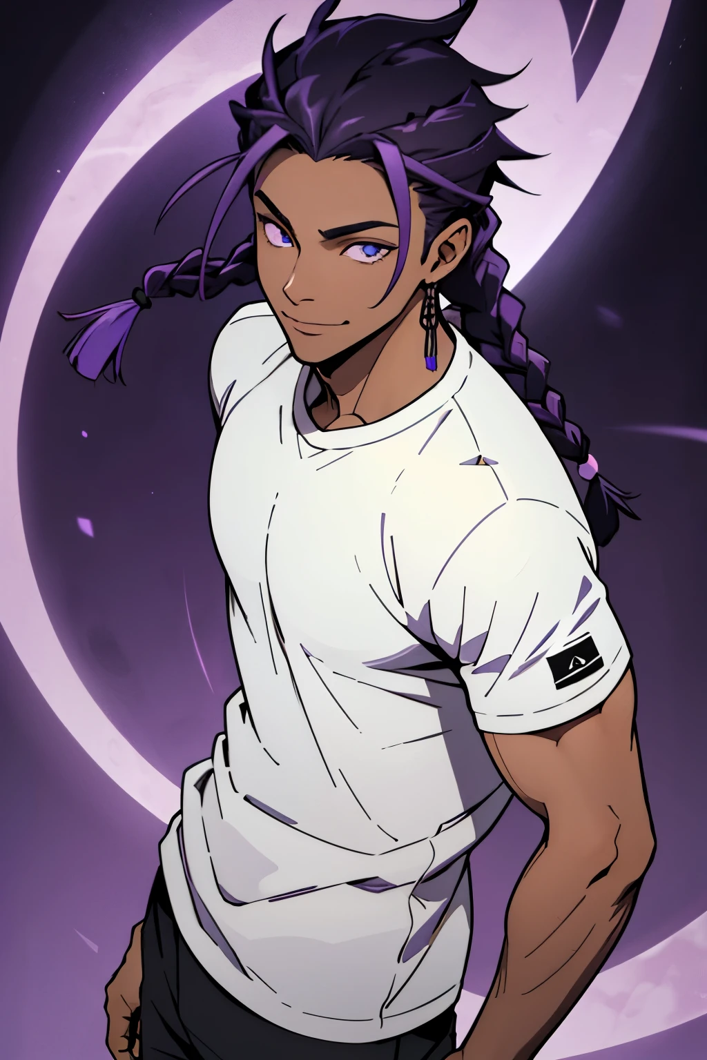 black young man, black and purple hair with two braids, olhos purpura, camiseta branca, black pants, sorriso arrogante, hunter's eyes, face calma, fortinho