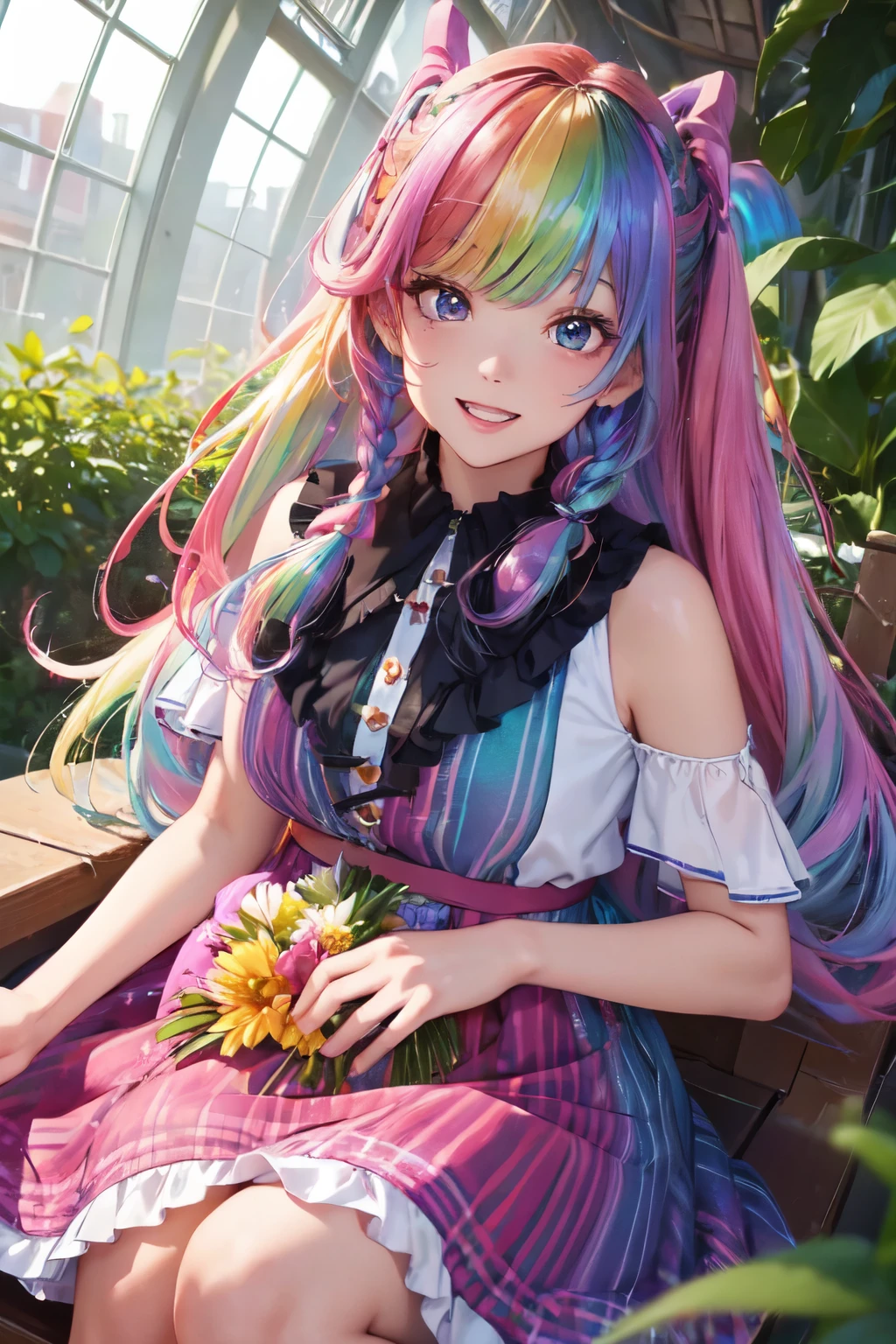 (In 8K, best quality, muste piece:1.3)、ultra high resolution,1 female 、ultra-detailed face,detailed eyes,open mouth,laughing,((Rainbow Hair)),asymmetrical bangs,twin braids,BREAK,((flower dress)),ruffle skirt,BREAK,(iridescent light:1.4),solo,botanical garden