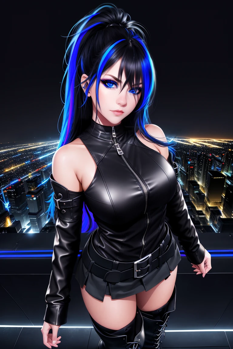 beautiful girl, full body, bright blue neon streaked dishevelled hair, ((large light realistic detailed eyes:1.3)), ((seductive pose:1.5)), black eyeshadow, (street style wear:1.2), ((tight fitted short skirt)), ((thigh high leather boots:1.3)), ((dark city night black background:1.4)), dark makeup, digital art, trending on artstation, highly detailed, fine detail, intricate, beautiful detailed glow, detailed, Cinematic light, high-res, detailed facial features, sharp focus, smooth, aesthetic,