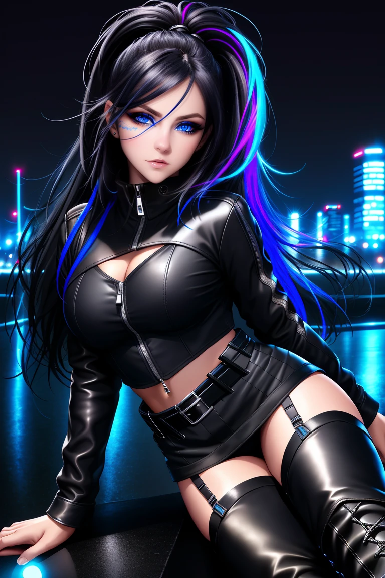 beautiful girl, full body, bright blue neon streaked dishevelled hair, ((large light realistic detailed eyes:1.3)), ((seductive pose:1.5)), black eyeshadow, (street style wear:1.2), ((tight fitted short skirt)), ((thigh high leather boots:1.3)), ((dark city night black background:1.4)), dark makeup, digital art, trending on artstation, highly detailed, fine detail, intricate, beautiful detailed glow, detailed, Cinematic light, high-res, detailed facial features, sharp focus, smooth, aesthetic,