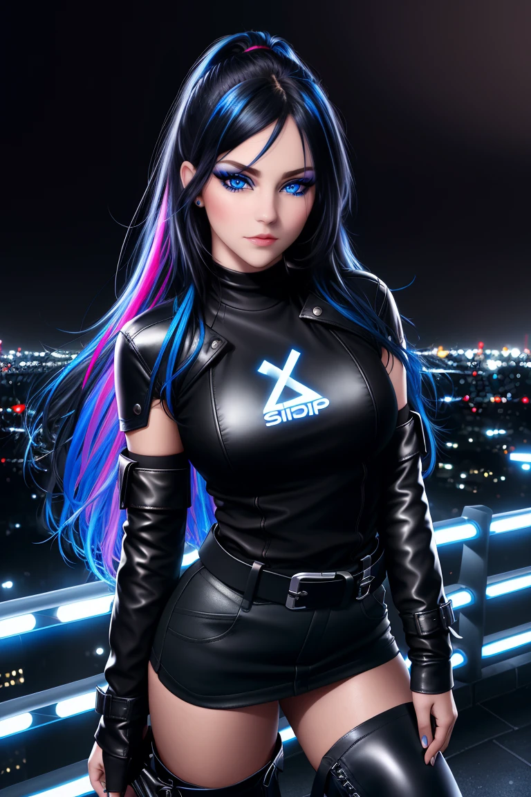 beautiful girl, full body, bright blue neon streaked dishevelled hair, ((large light realistic detailed eyes:1.3)), ((seductive pose:1.5)), black eyeshadow, (street style wear:1.2), ((tight fitted short skirt)), ((thigh high leather boots:1.3)), ((dark city night black background:1.4)), dark makeup, digital art, trending on artstation, highly detailed, fine detail, intricate, beautiful detailed glow, detailed, Cinematic light, high-res, detailed facial features, sharp focus, smooth, aesthetic,