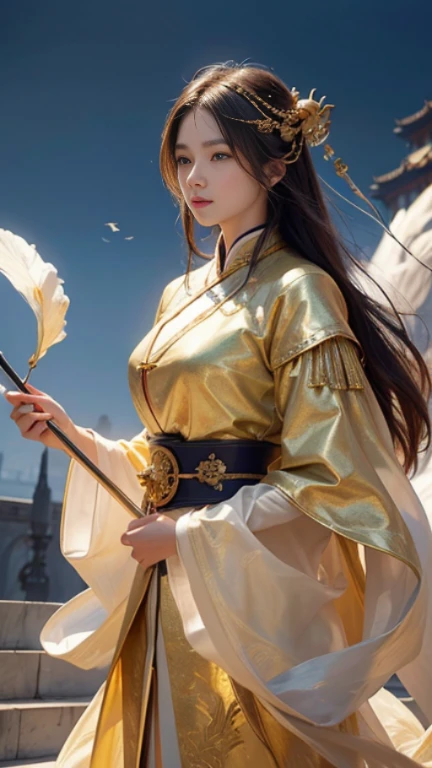 an artwork featuring a high-detail, tall character in the style of alcohol ink painting, accentuated with gold highlights. The subject is a skilled Chinese warrior woman with long flowing hair, a radiant complexion, and wearing a majestic yellow pastel Hánfu-inspired outfit. She holds a golden longsword in hand, gracefully descending from the sky with wind-blown clothes and hair that floating in wide, creating a captivating scene. The composition includes a play of light and shadow, a forbidden royal palace in the background, and the camera angle is elevated as the character descends."