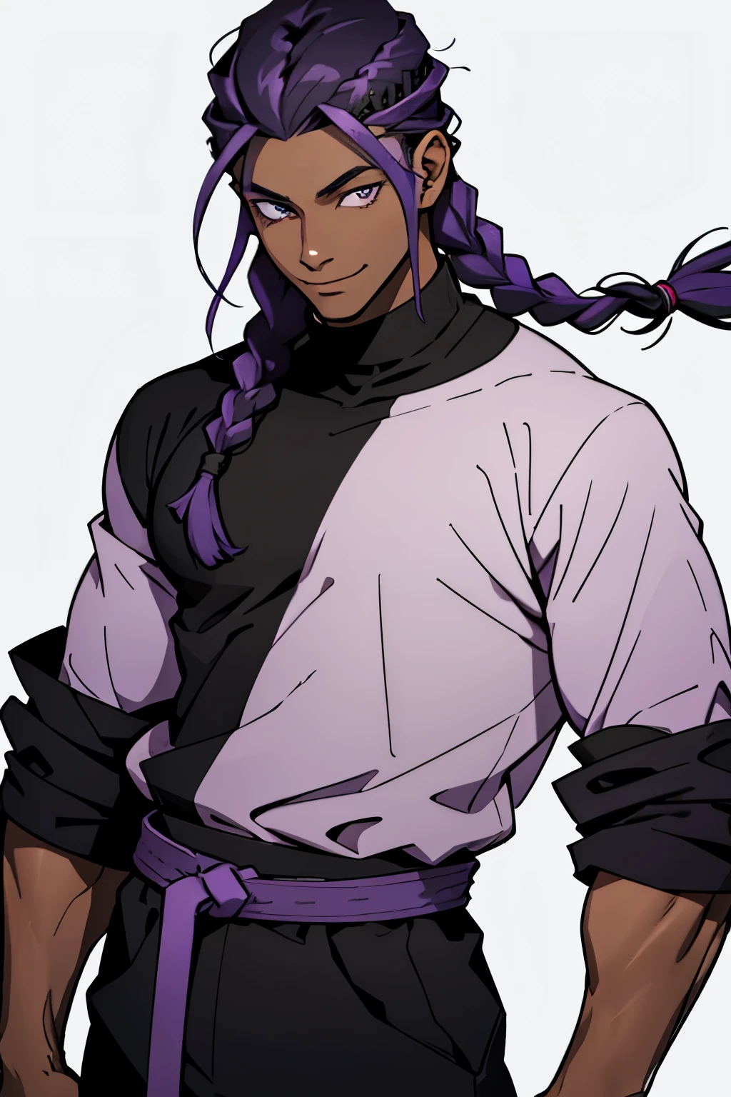 black young man, black and purple hair with two braids, olhos purpura, camiseta branca, black pants, sorriso arrogante, hunter's eyes, face calma, 