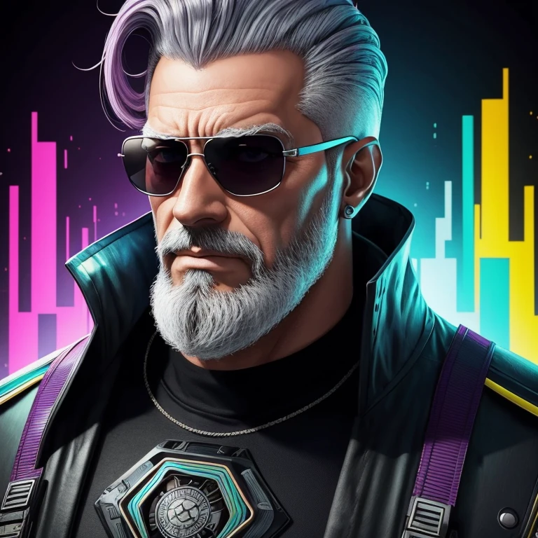 Edlintramos with grey beard and sunglasses, arte cyberpunk, arte funk, cores gradientes deslumbrantes, retrato estilizado h 704, pompadour, streamer twitch, cores frias. insanamente detalhado, t-800, sem assinatura de marca d&#39;water, em cores ricas, ultrapassado 