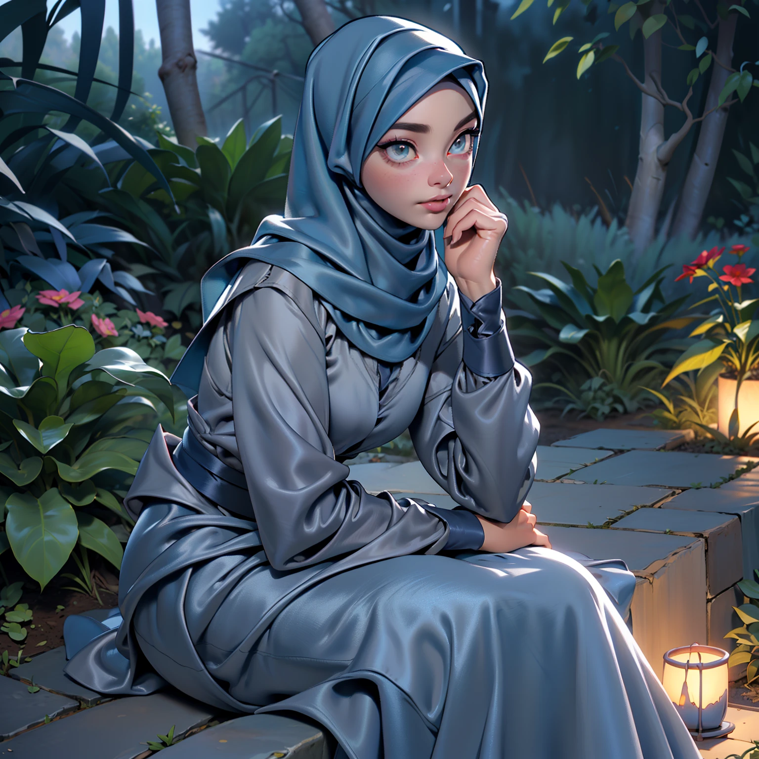 3dmm style, ((Masterpiece, best quality, photography, detailed skin, realistic, photo-realistic, 3D Character Design, pixar, real cartoon, High detail RAW colour art, diffused soft lighting, shallow depth of field, sharp focus, hyperrealism, cinematic lighting, ((close up)) hijab, a turkish lady, beautifully makeup, brown beautiful big eyes, long eye lashes, wearing ((Gray satin hijab)), loosely tide hijab style, ((Dark blue satin shirt)), satin long skirt, medium breast, wide hips, curves, sitting, garden, outdoors