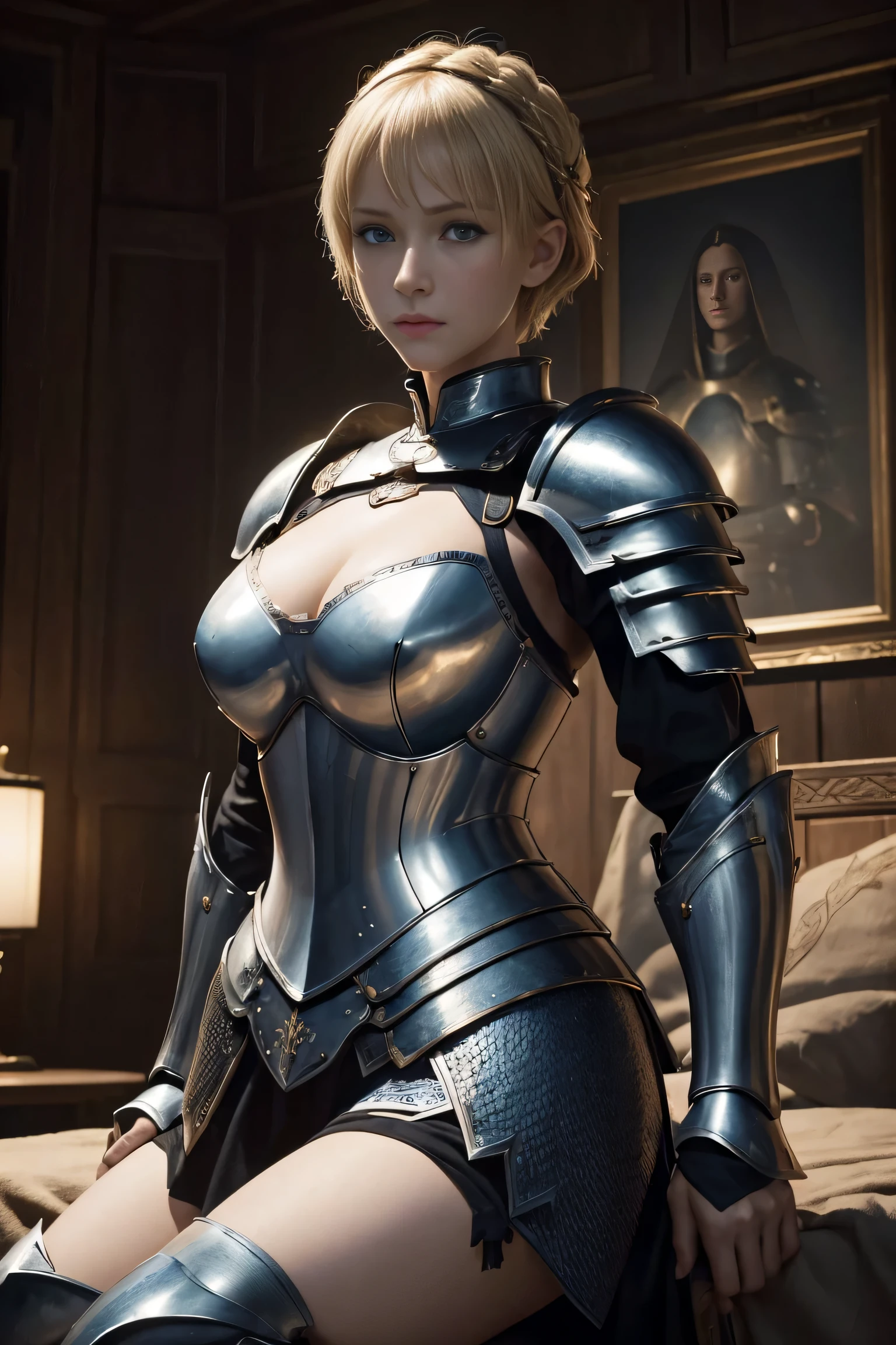 8K,超A high resolution,((Top image quality)), ((masterpiece)), (high-detail:1.3), Joan of Arc,Blue eyes,Blonde shorthair,Woman in Black Armor、large full breasts,Meticulous in the details of the decoration of the chest armor、Scenes of armor damage during the war